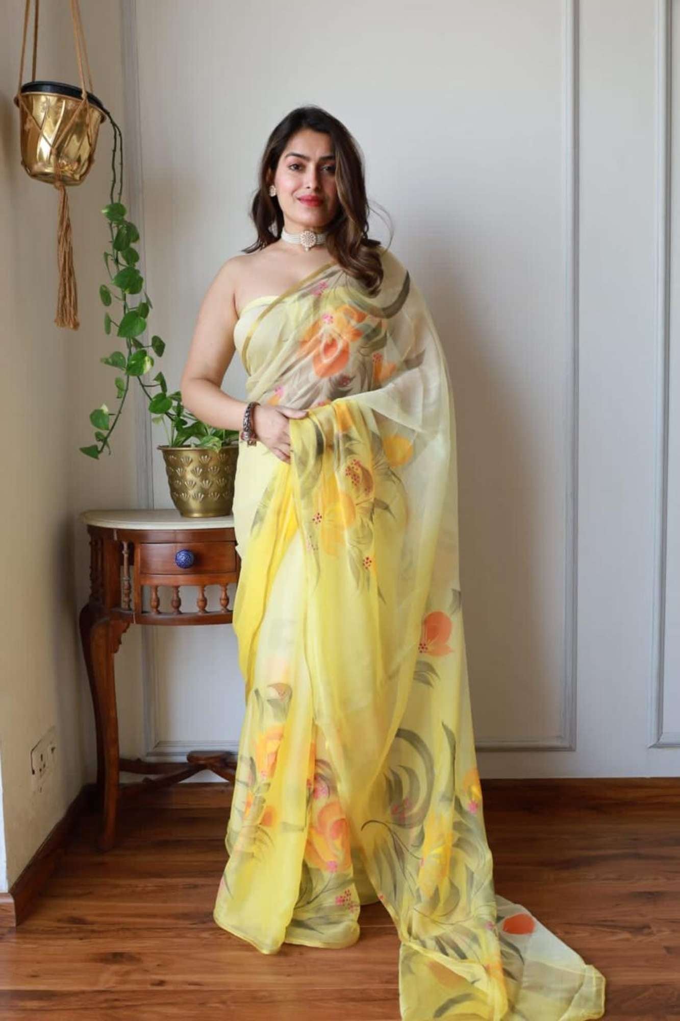 Yellow Chiffon with Hand-Painted Floral Elegance Ready To Wear Saree