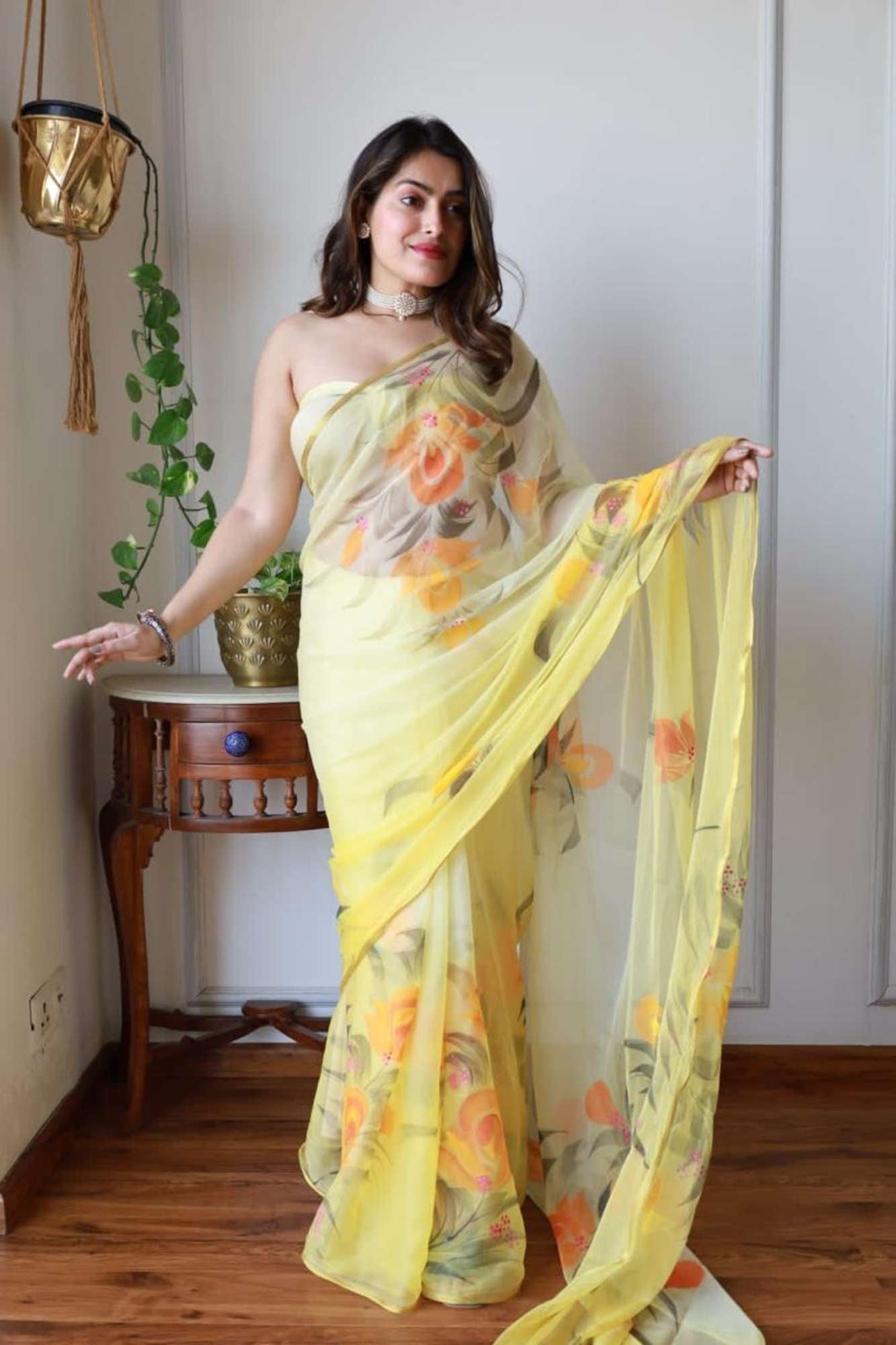 Yellow Chiffon with Hand-Painted Floral Elegance Ready To Wear Saree