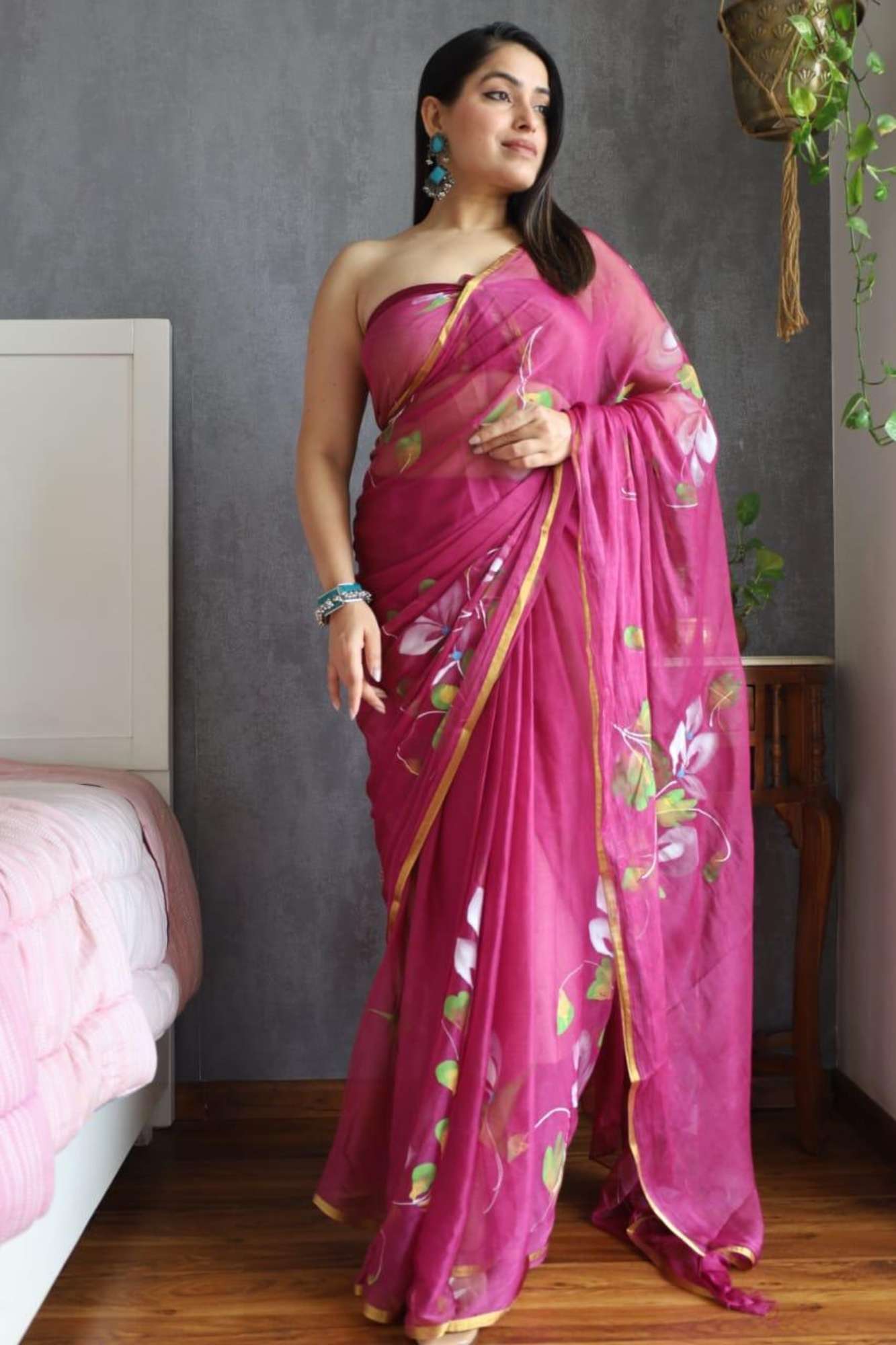 Pink Chiffon with Hand-Painted Floral Prints & Golden Zari Border Ready To Wear Saree