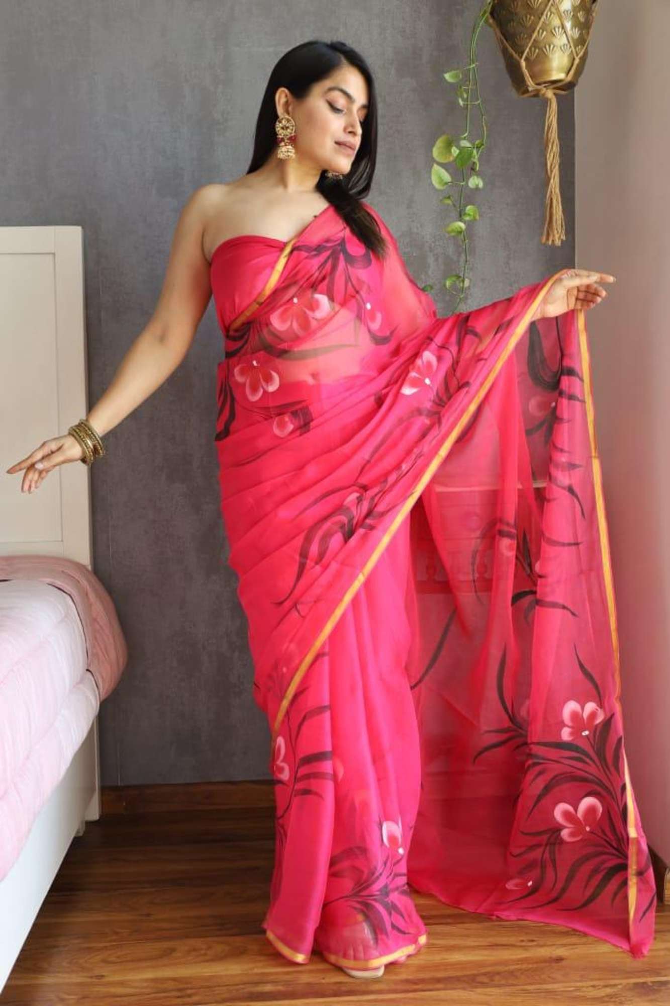 Rani Pink Chiffon with Hand-Painted White Florals & Golden Border Ready To Wear Saree