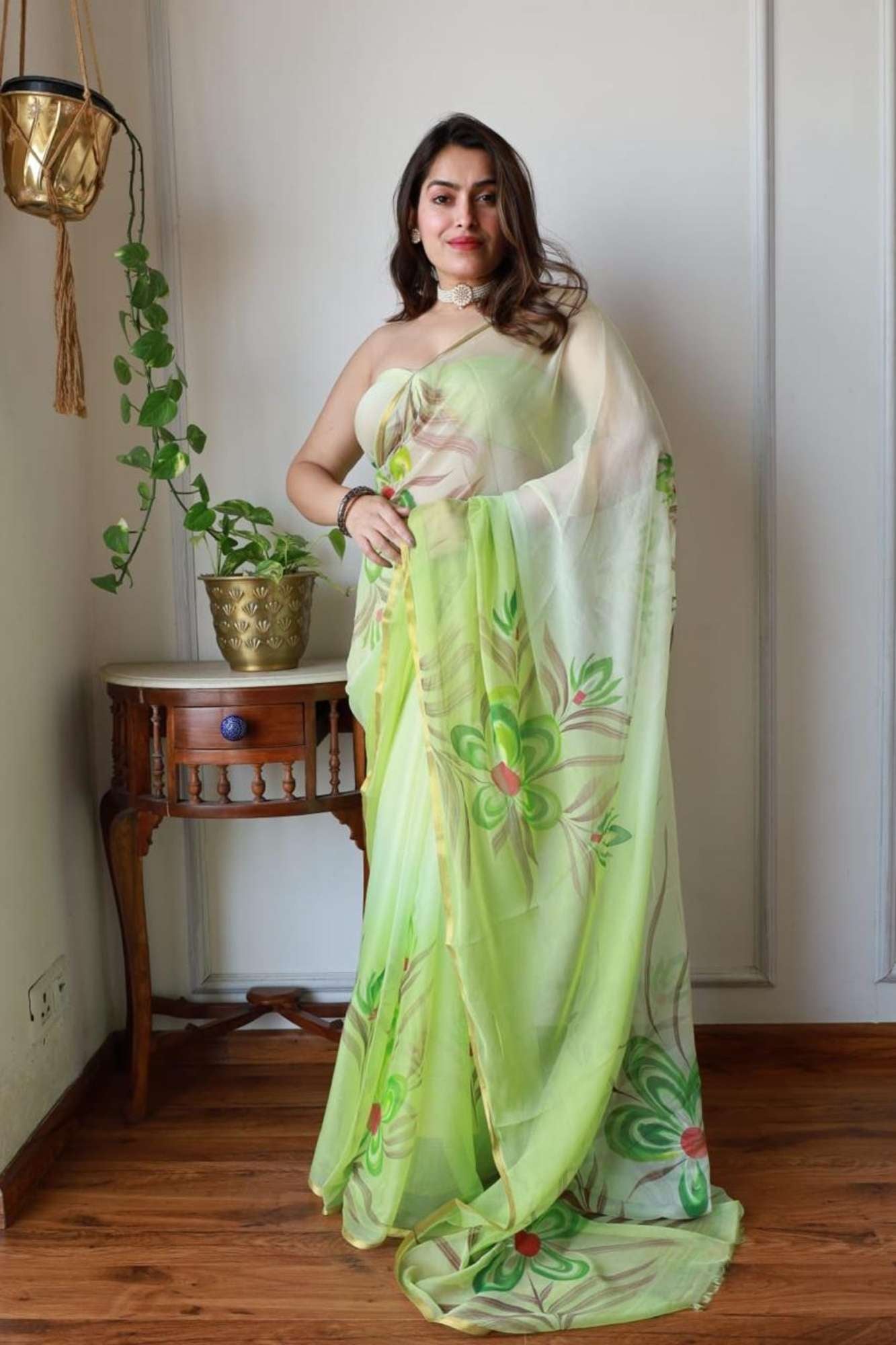 Light Green Chiffon Hand-Painted Floral with Golden Border Ready To wear Saree