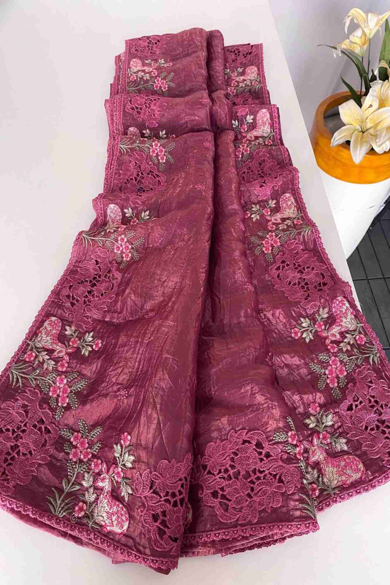 Crushed Silk with Cutwork and Floral Embroidery Ready To Wear Saree