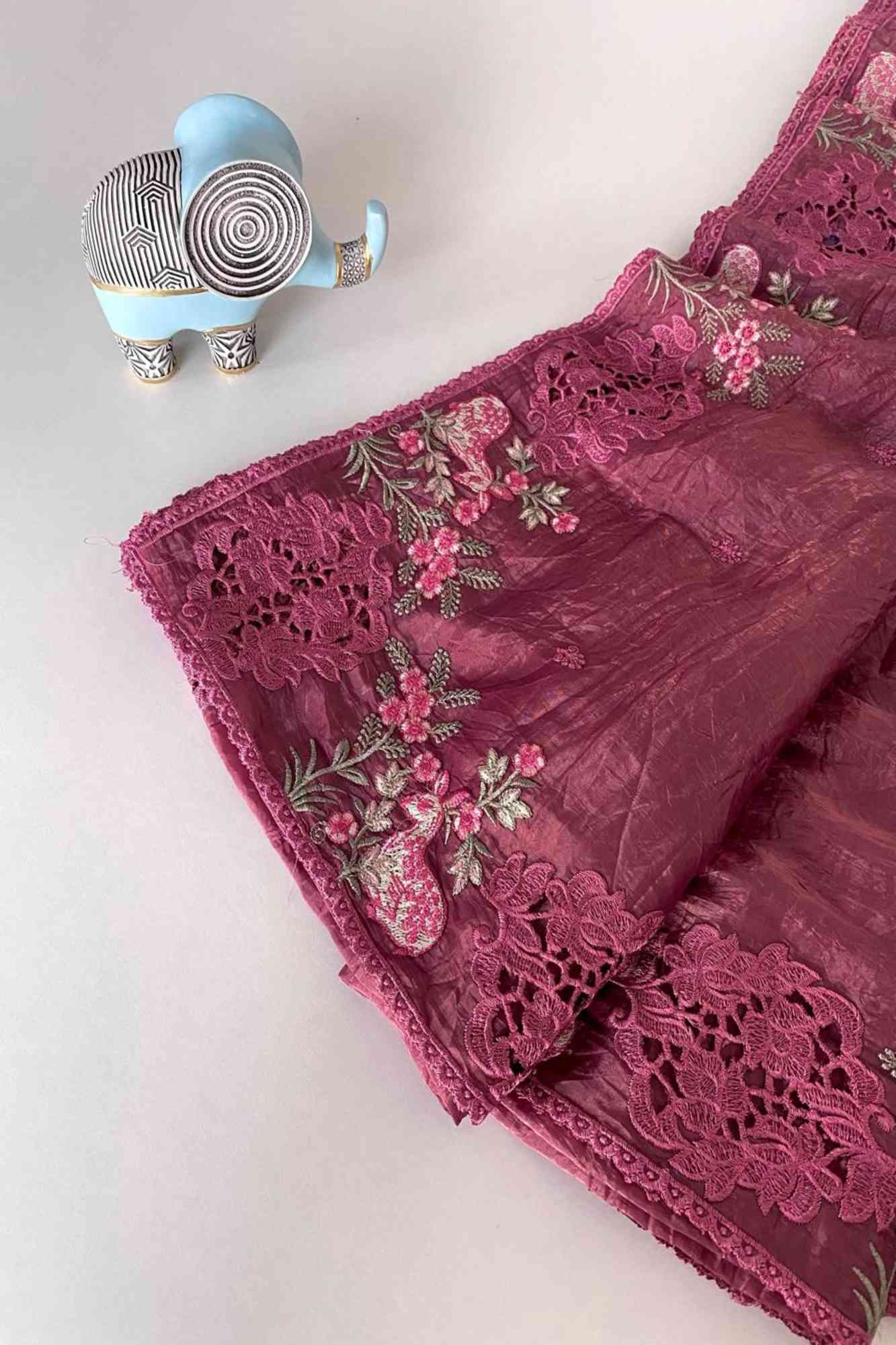 Crushed Silk with Cutwork and Floral Embroidery Ready To Wear Saree