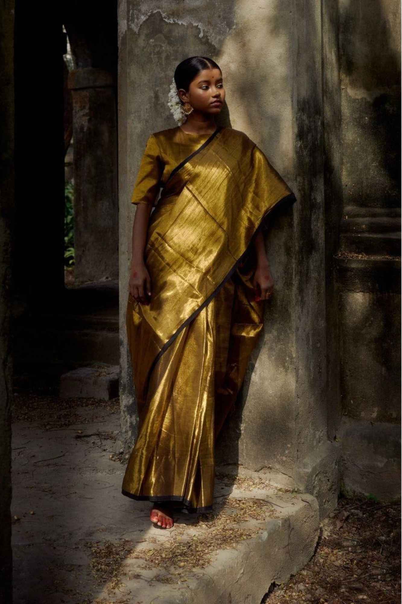 Tissue Linen in "Dhup Chav" Golden Finish with Black Border Ready To Wear Saree