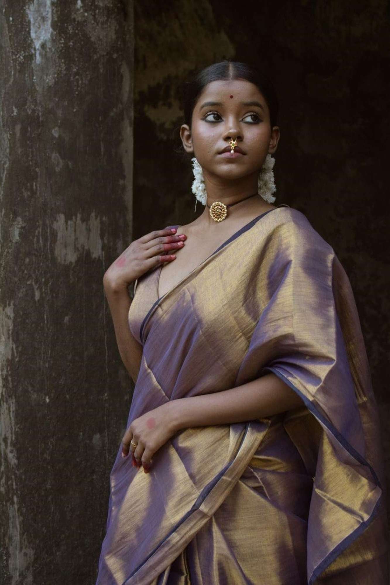 Tissue Linen in "Dhup Chav" Finish with Black Border Ready To Wear Saree