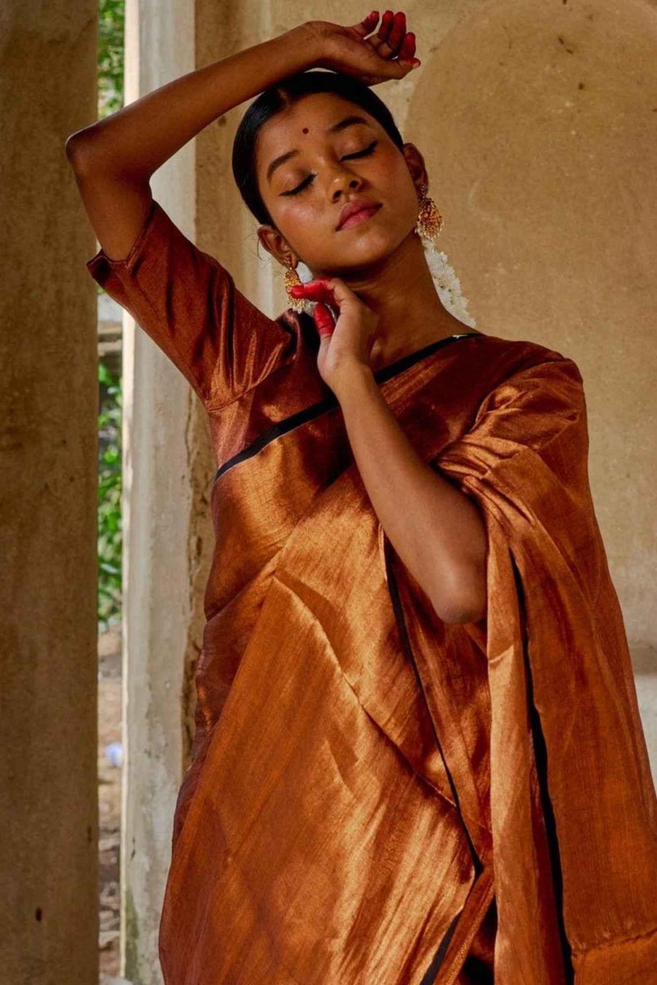 Tissue Linen in "Dhup Chav" Rust Gold Finish with Black Border Ready To Wear Saree