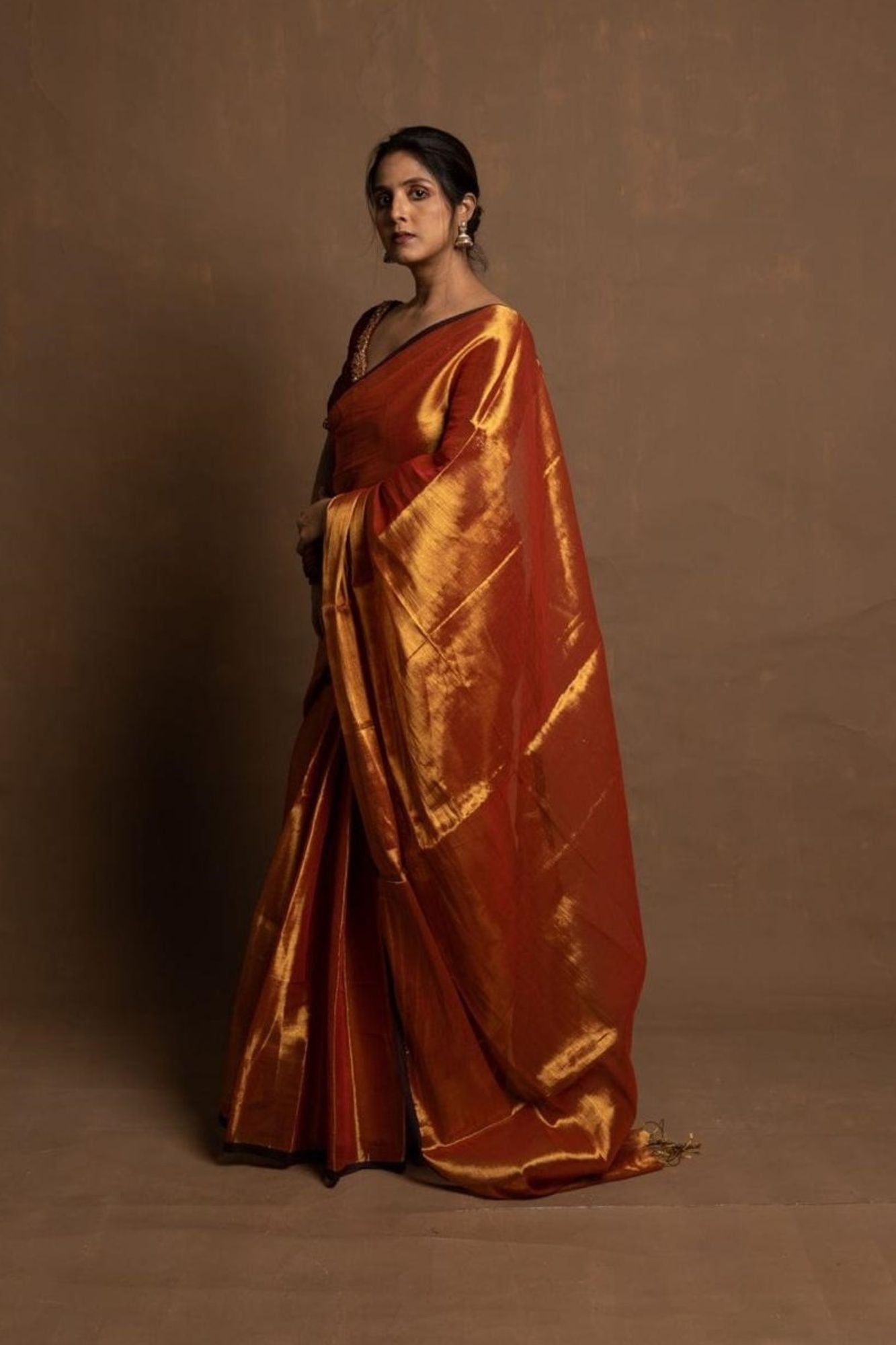 Tissue Linen in "Dhup Chav" Rust Gold Finish with Black Border Ready To Wear Saree