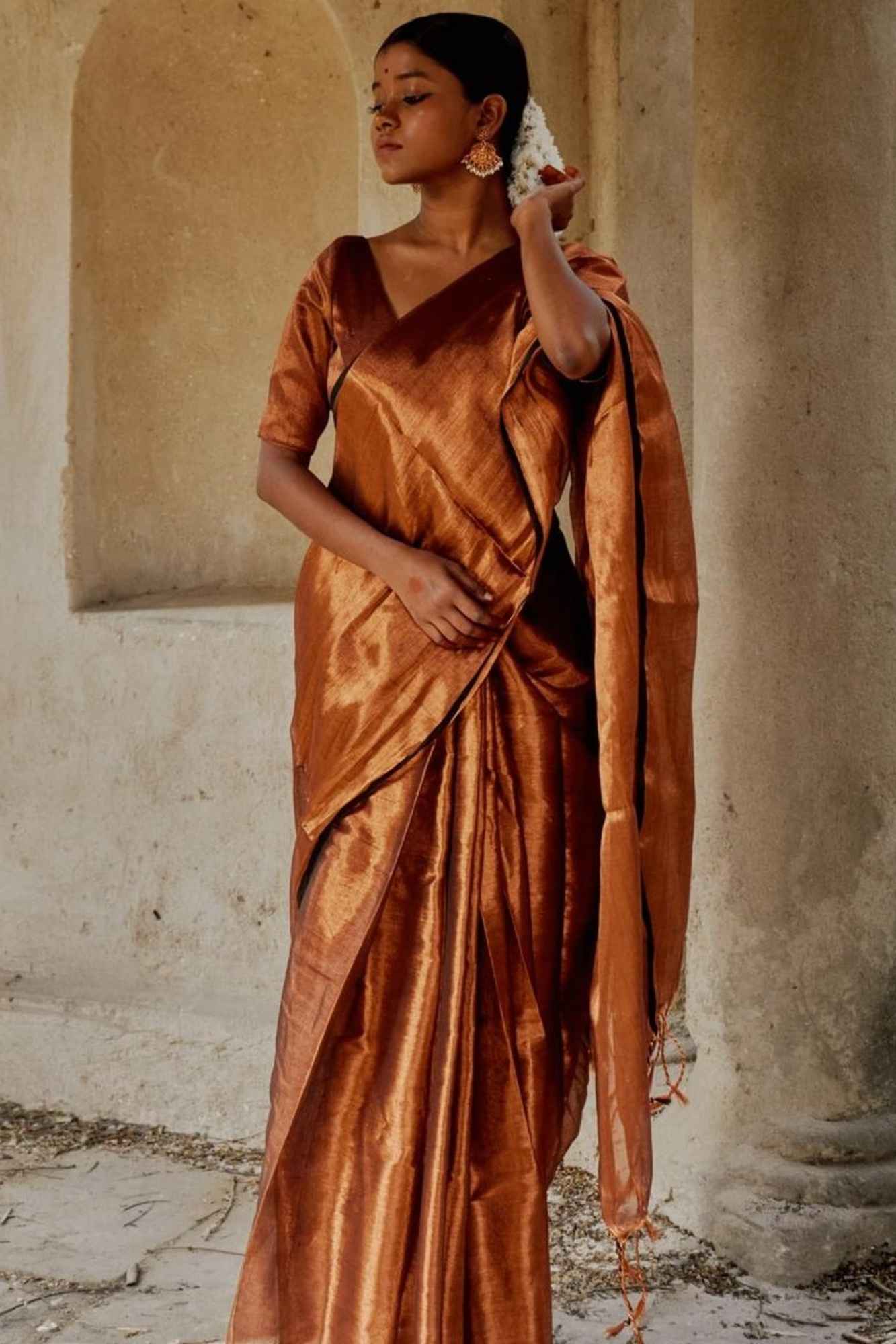 Tissue Linen in "Dhup Chav" Rust Gold Finish with Black Border Ready To Wear Saree