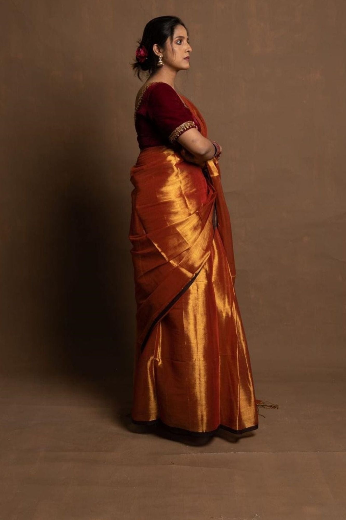 Tissue Linen in "Dhup Chav" Rust Gold Finish with Black Border Ready To Wear Saree