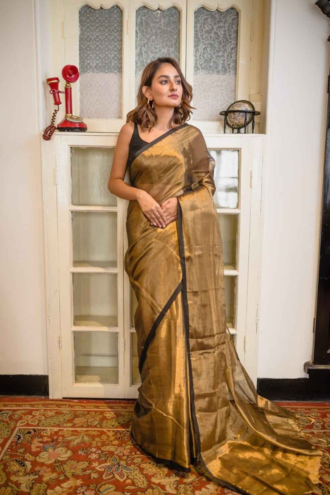 Tissue Linen in "Dhup Chav" Golden Finish with Black Border Ready To Wear Saree