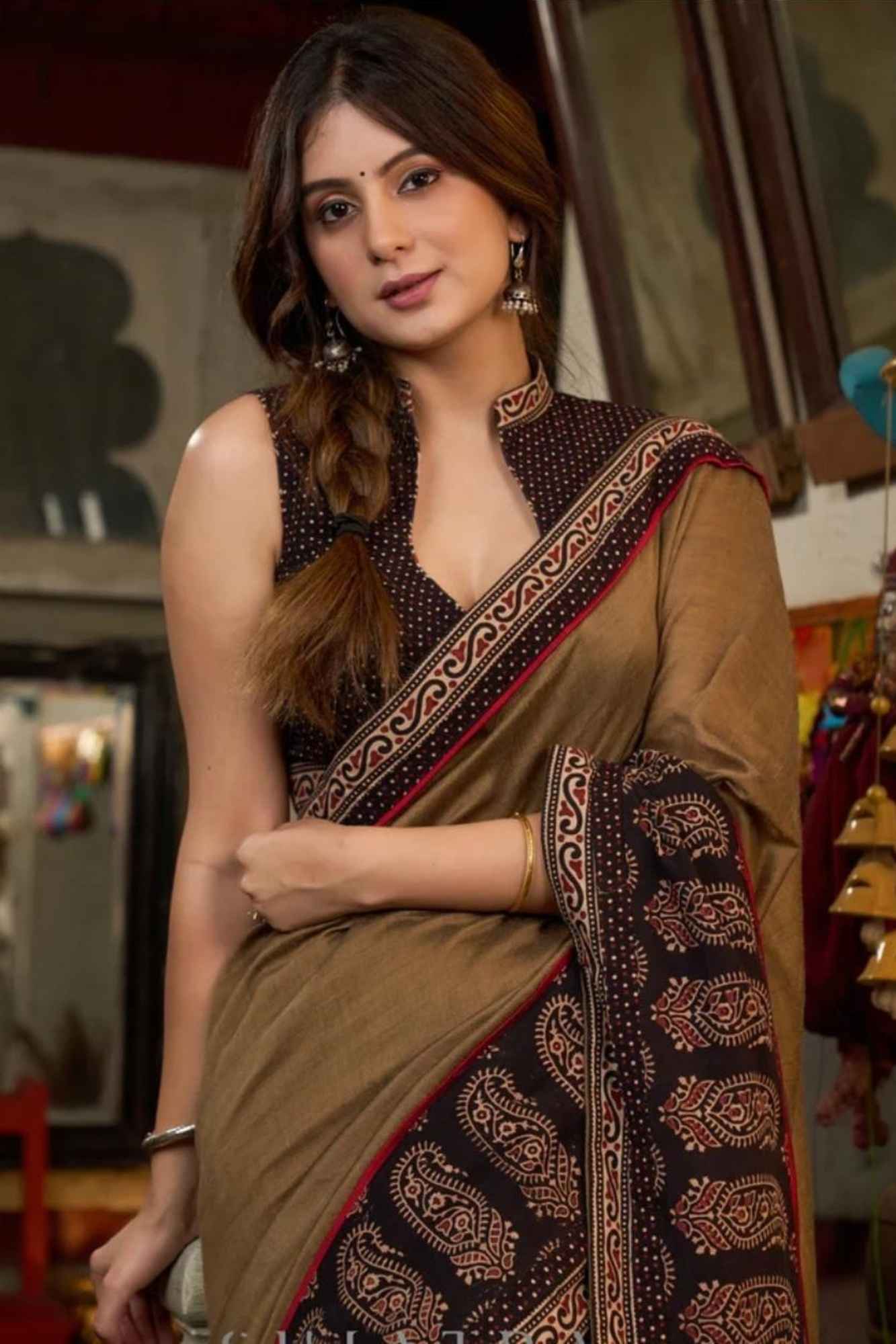 Olive Brown Cotton with Contrasting Black Ajrakh Border Ready To Wear Saree