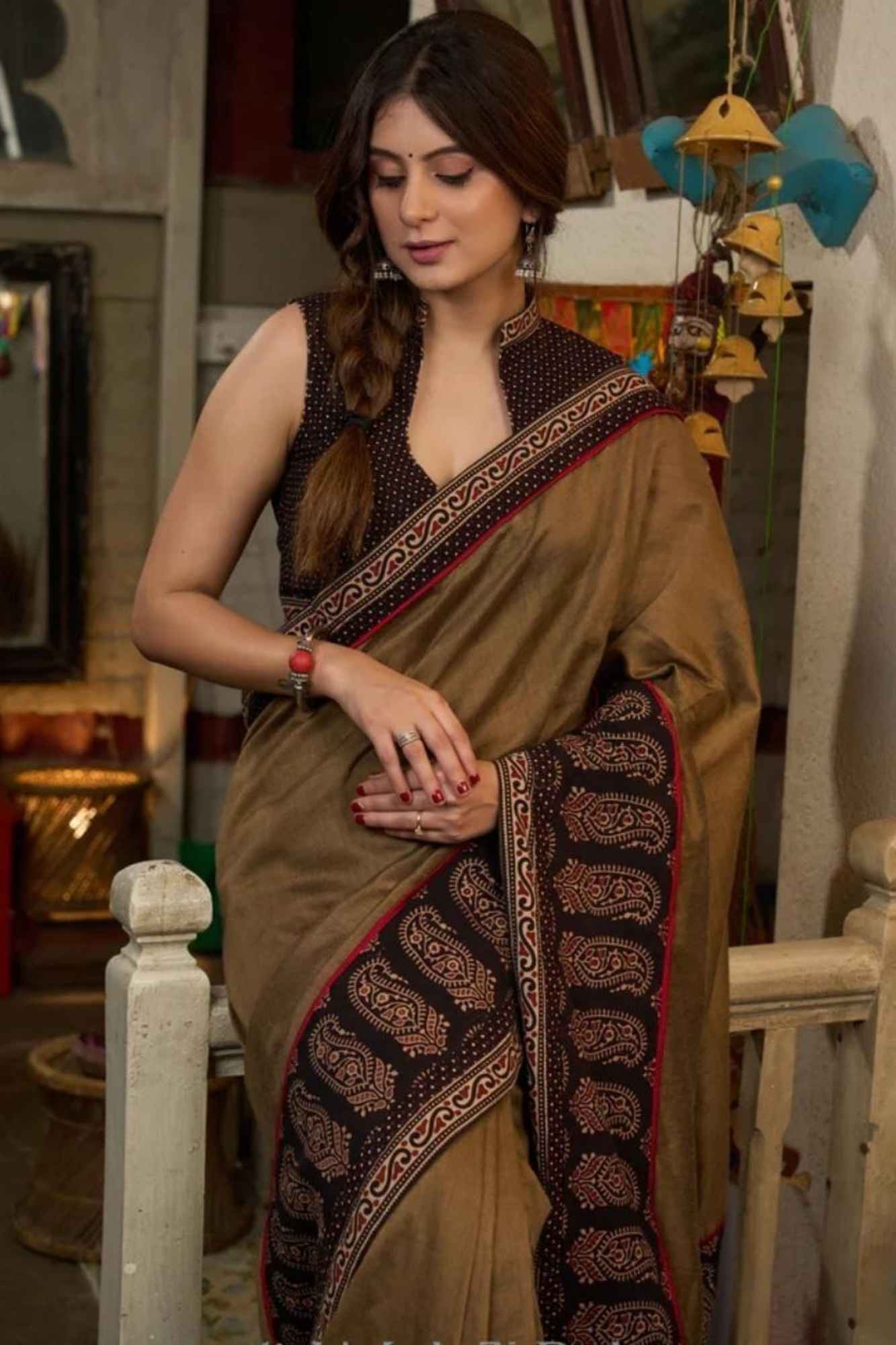 Olive Brown Cotton with Contrasting Black Ajrakh Border Ready To Wear Saree