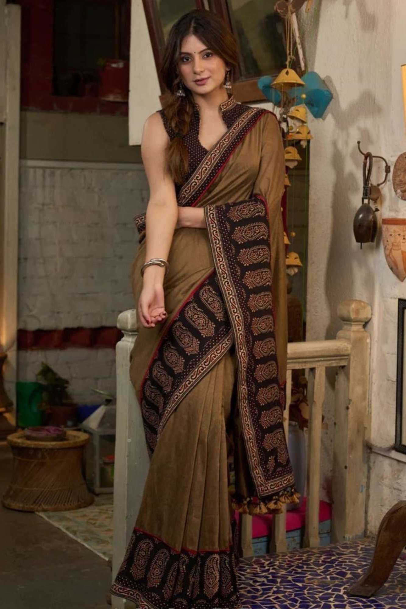 Olive Brown Cotton with Contrasting Black Ajrakh Border Ready To Wear Saree