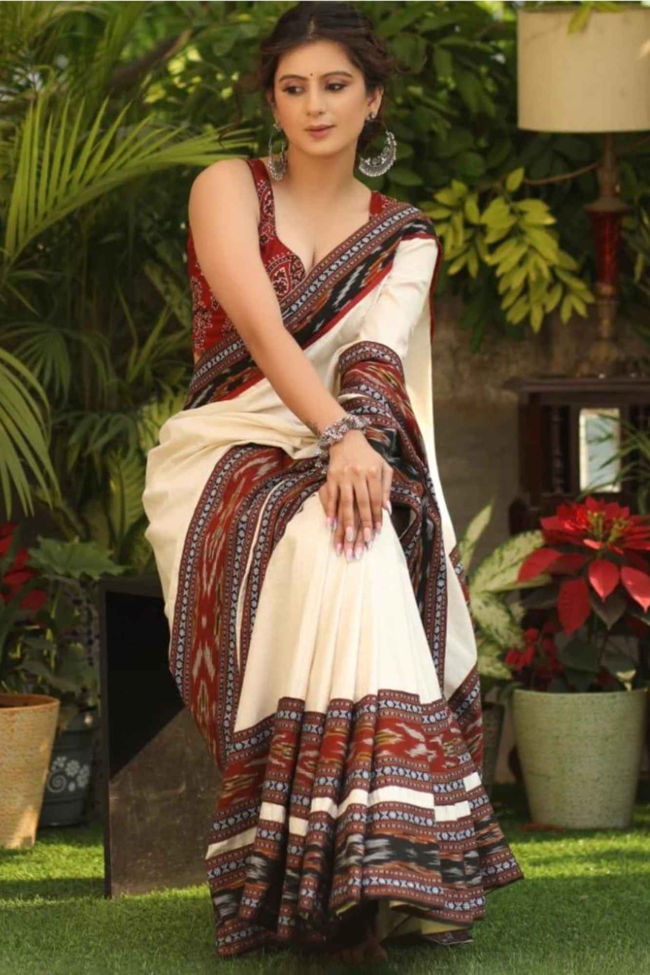 Cotton Ajrakh in Off-White with Rust & Black Vegetable-Dyed Ready To Wear Saree