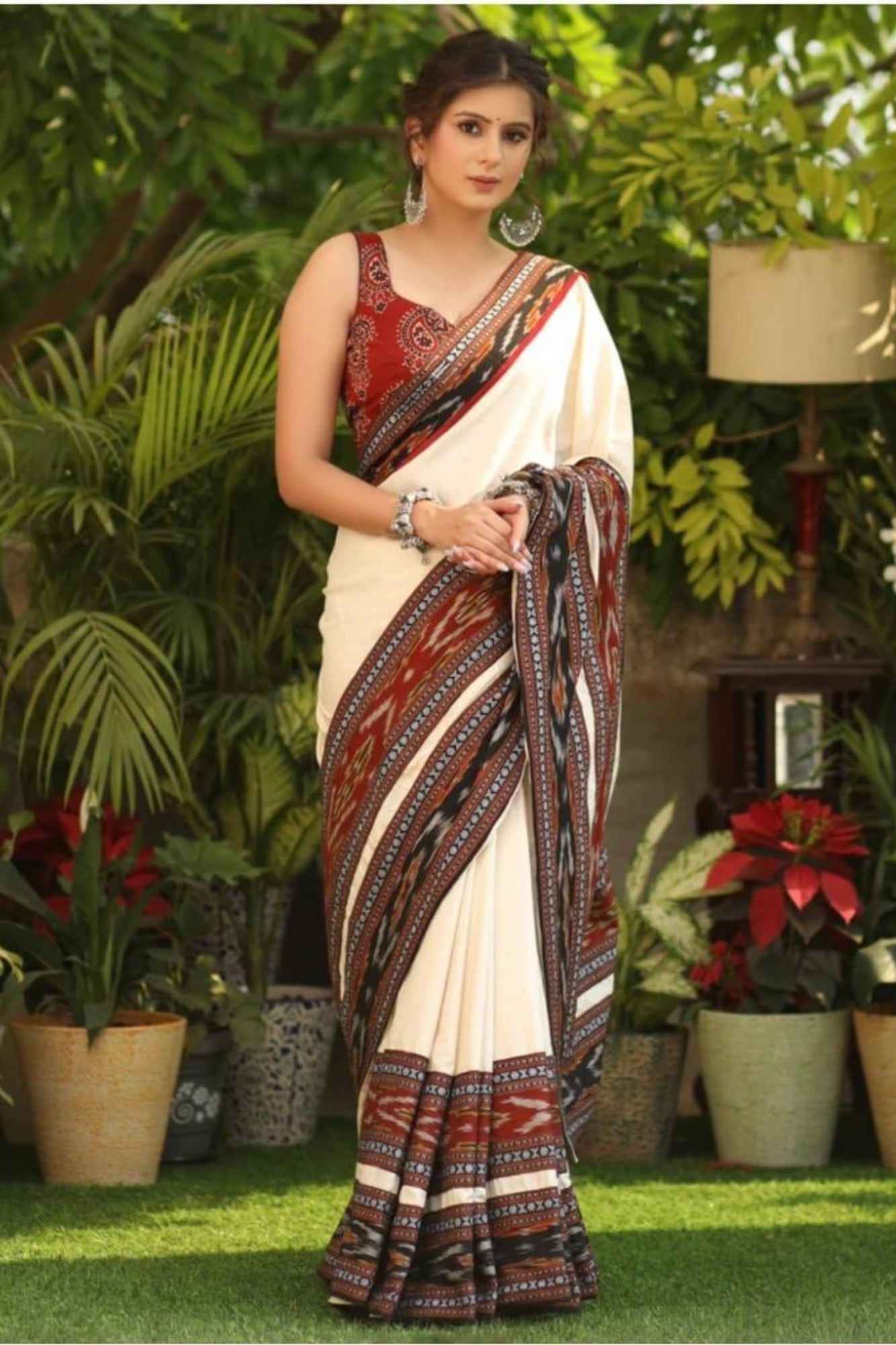 Cotton Ajrakh in Off-White with Rust & Black Vegetable-Dyed Ready To Wear Saree