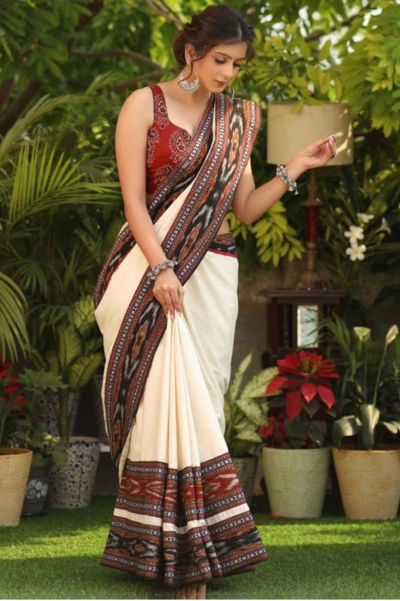Cotton Ajrakh in Off-White with Rust & Black Vegetable-Dyed Ready To Wear Saree