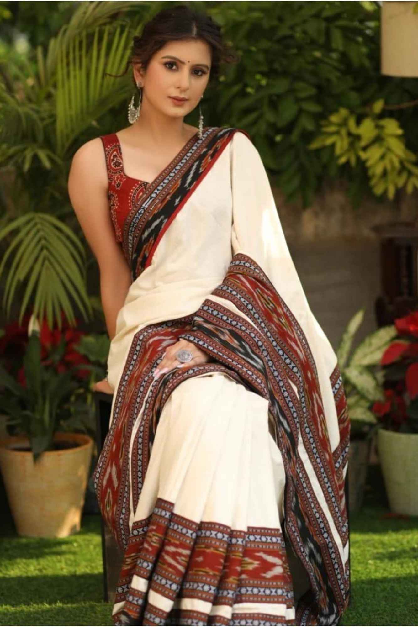 Cotton Ajrakh in Off-White with Rust & Black Vegetable-Dyed Ready To Wear Saree
