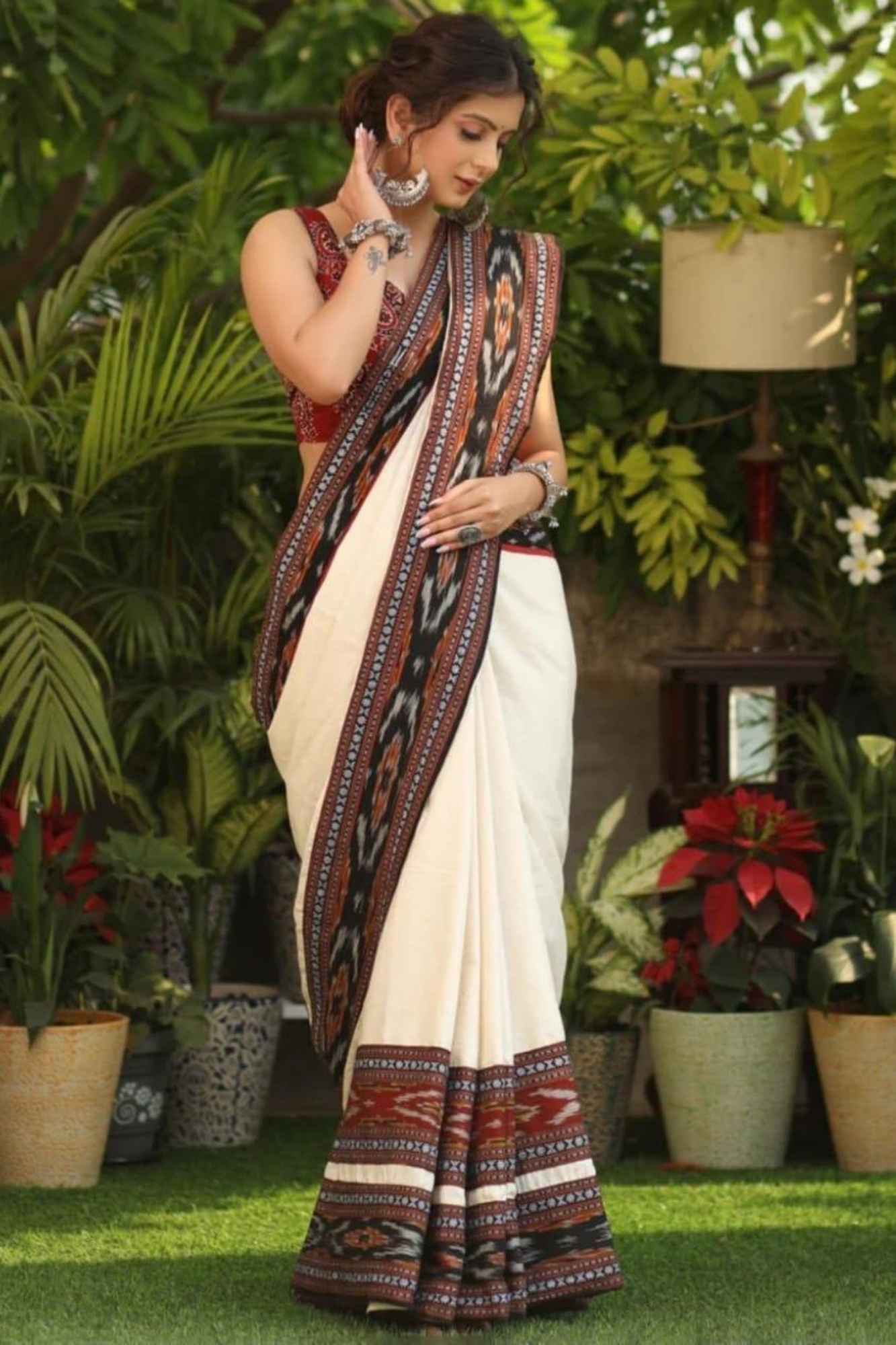 Cotton Ajrakh in Off-White with Rust & Black Vegetable-Dyed Ready To Wear Saree