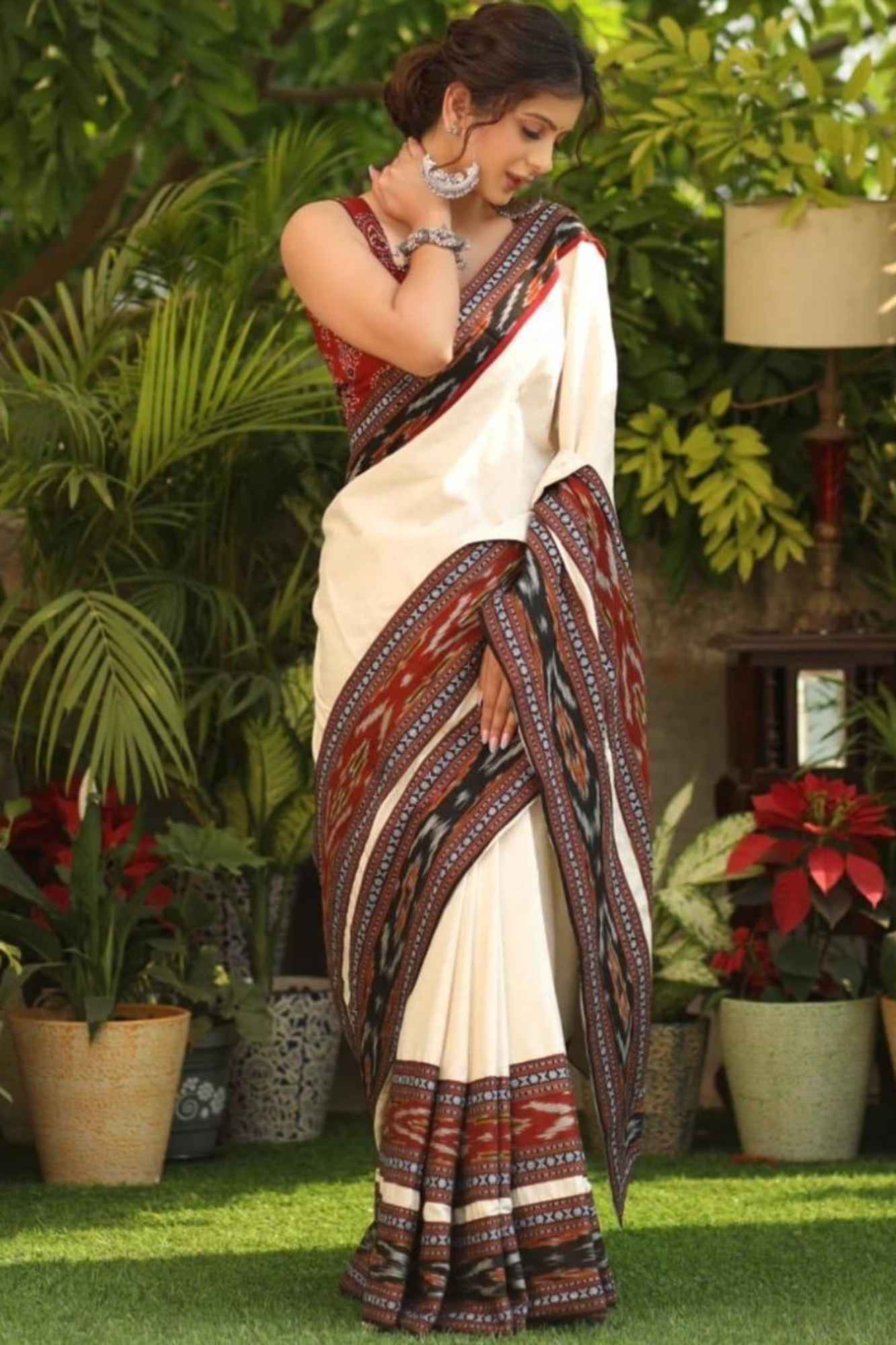 Cotton Ajrakh in Off-White with Rust & Black Vegetable-Dyed Ready To Wear Saree