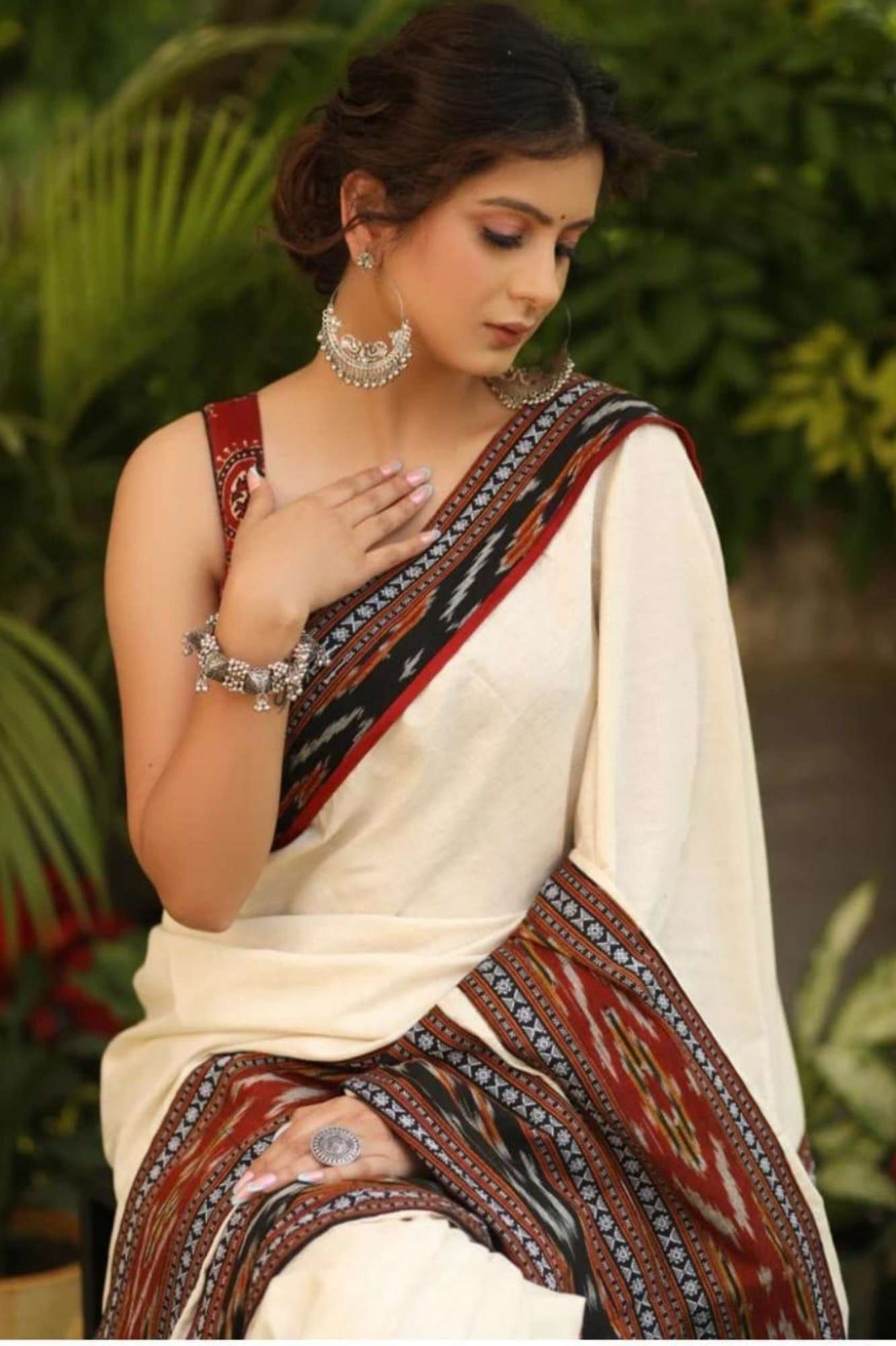 Cotton Ajrakh in Off-White with Rust & Black Vegetable-Dyed Ready To Wear Saree
