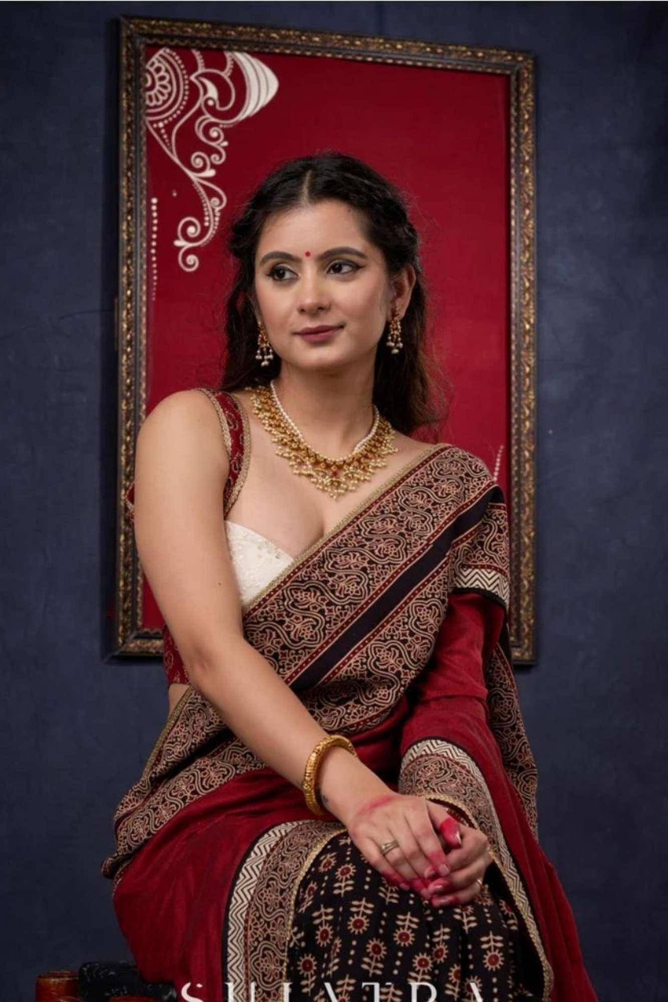 Red & Black Ajrakh Cotton with Rust-Toned Border Ready To Wear Saree