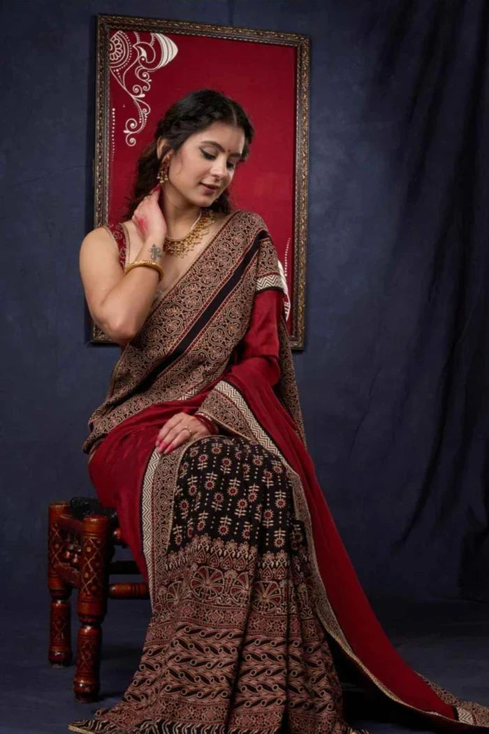 Red & Black Ajrakh Cotton with Rust-Toned Border Ready To Wear Saree