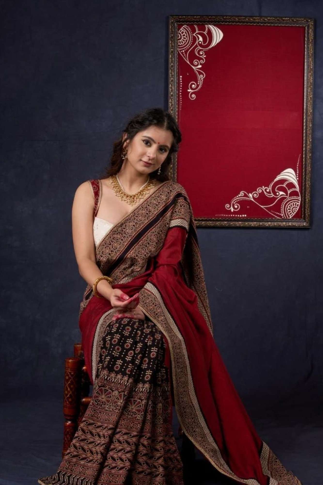 Red & Black Ajrakh Cotton with Rust-Toned Border Ready To Wear Saree