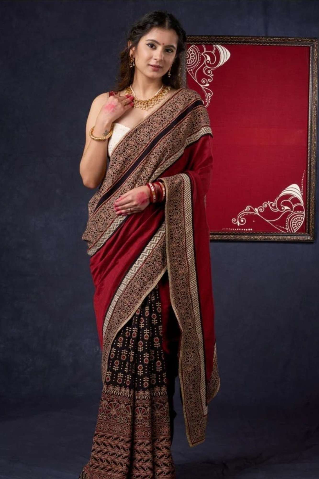 Red & Black Ajrakh Cotton with Rust-Toned Border Ready To Wear Saree