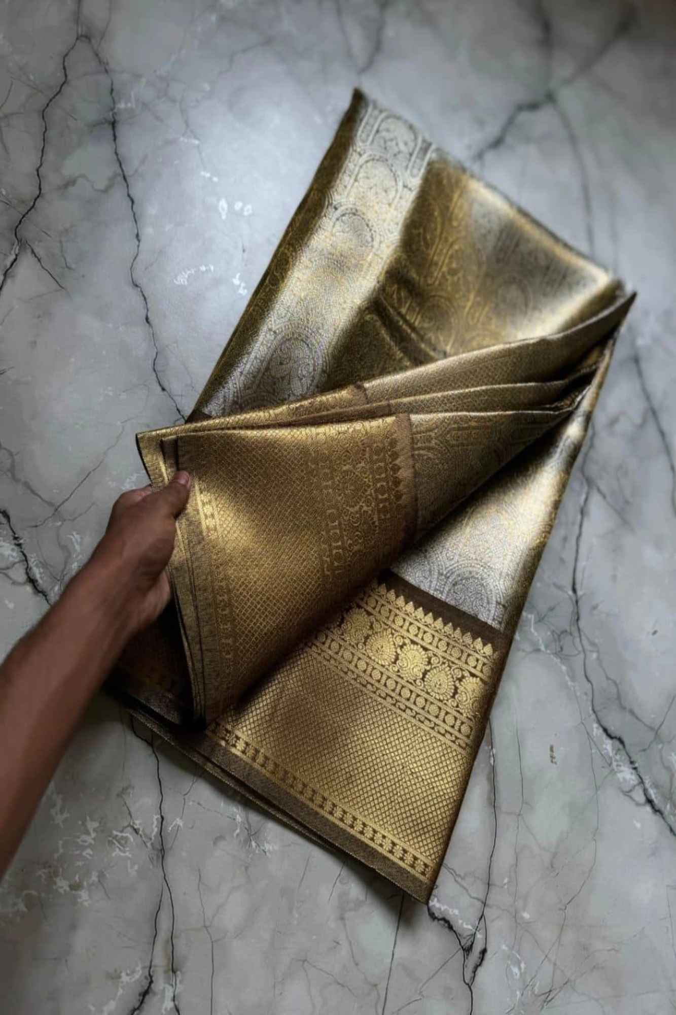 Soft Tissue Silk with Banarasi Motifs & Golden Zari Border Ready To Wear Saree