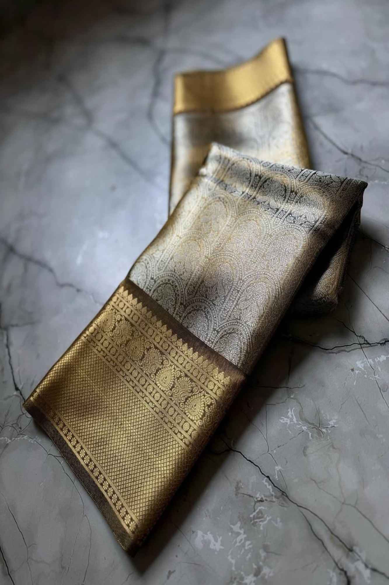 Soft Tissue Silk with Banarasi Motifs & Golden Zari Border Ready To Wear Saree