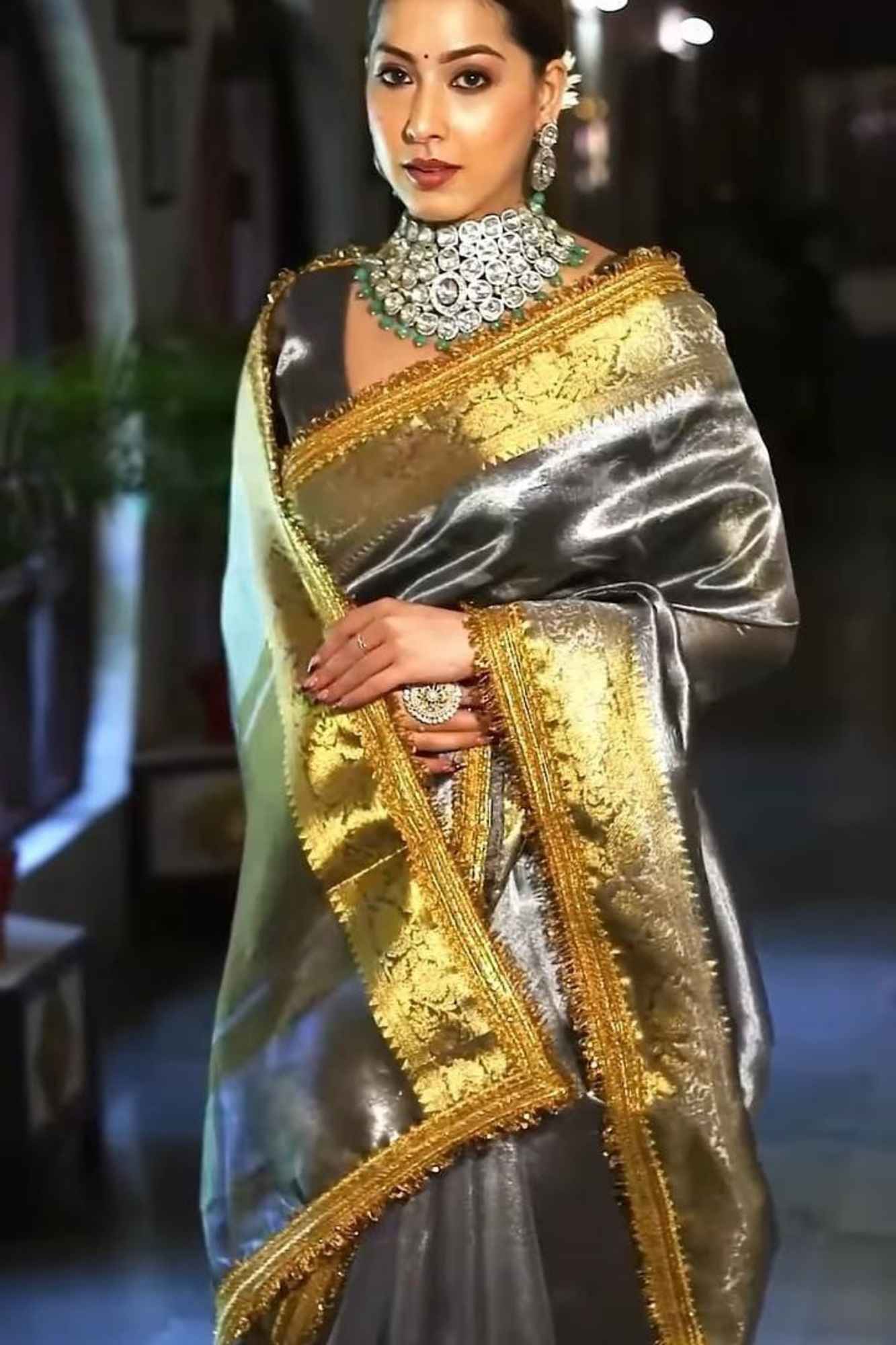 Silver Glamour Soft Tissue Silk with Luxe Zari & Sequin Lace Border Ready To Wear Saree