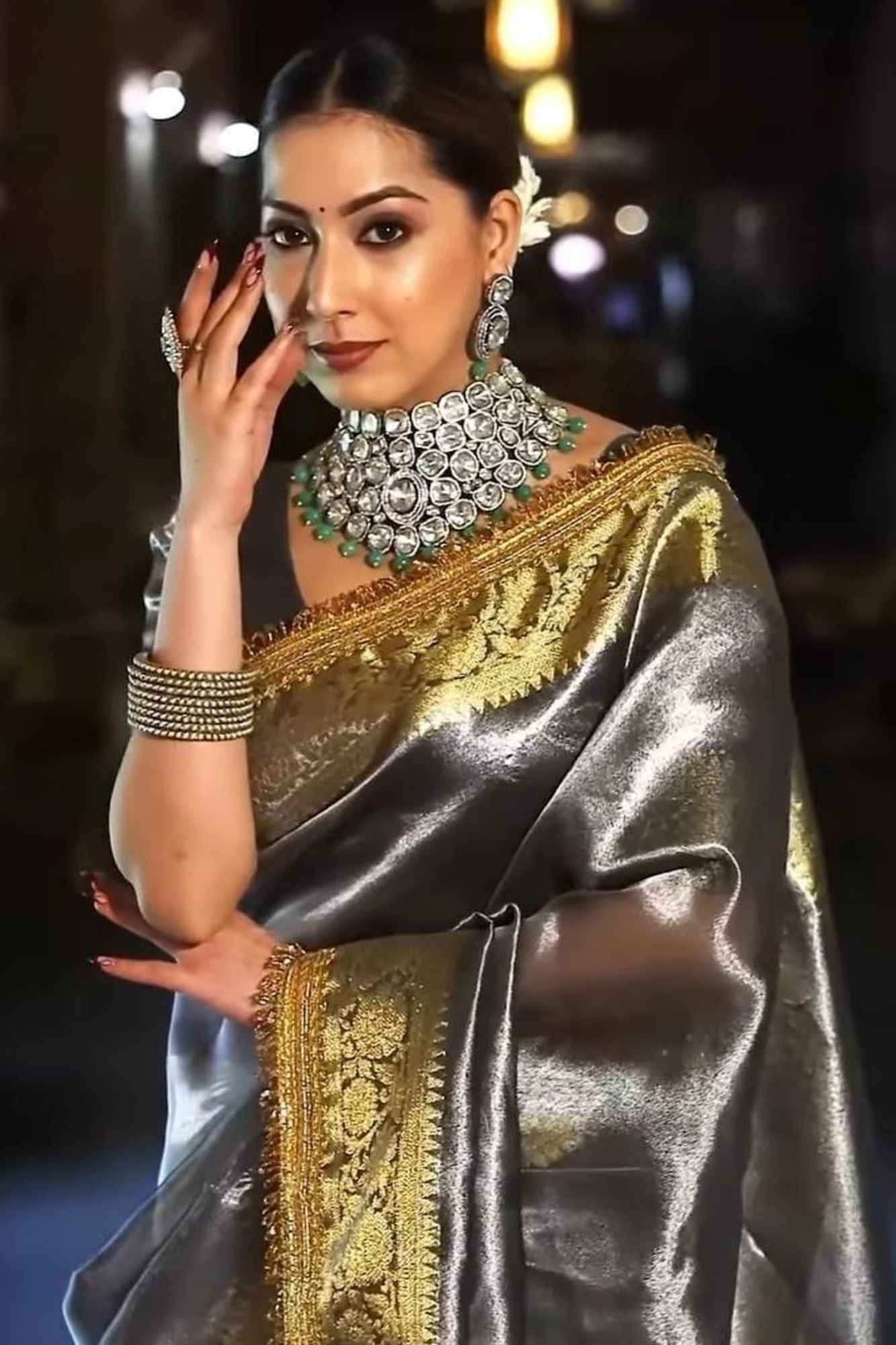 Silver Glamour Soft Tissue Silk with Luxe Zari & Sequin Lace Border Ready To Wear Saree