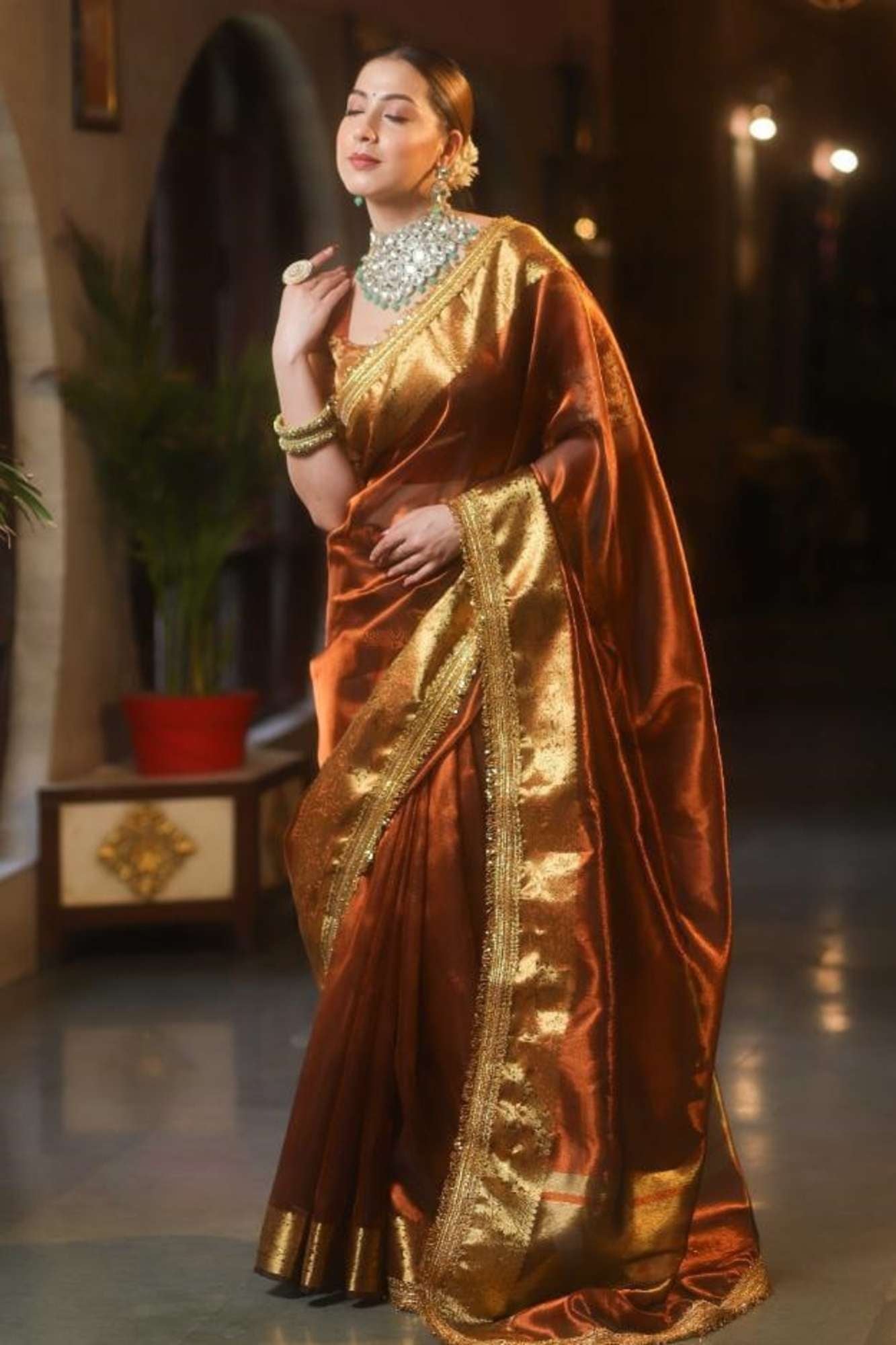 Soft Tissue Silk with Golden Zari Border & Delicate Lace Ready To Wear Saree