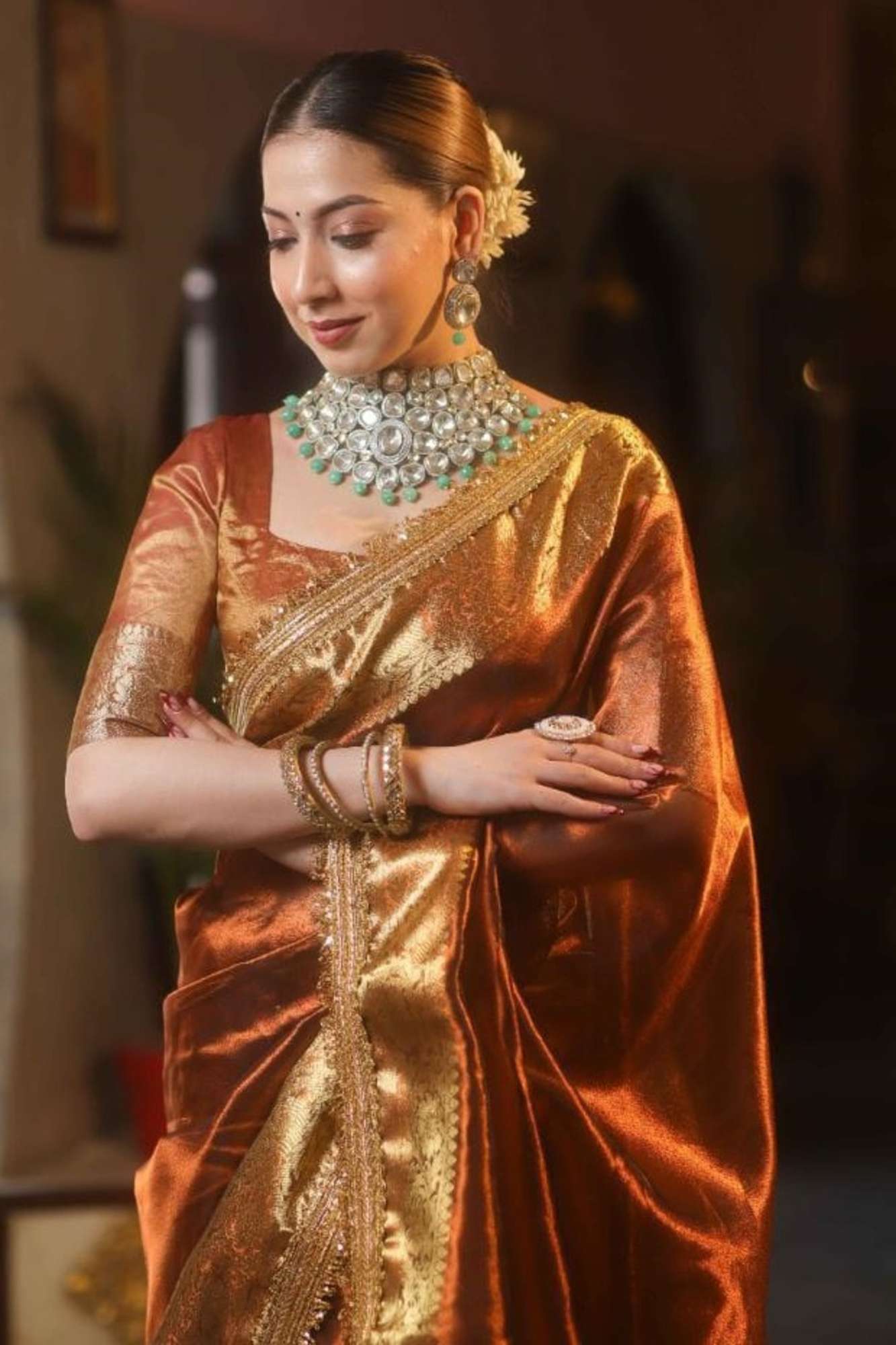 Soft Tissue Silk with Golden Zari Border & Delicate Lace Ready To Wear Saree