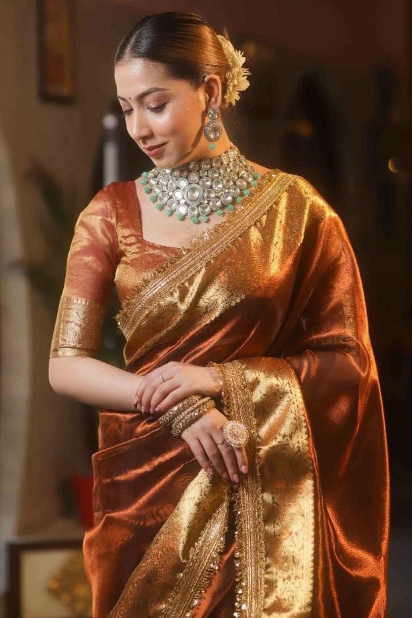 Soft Tissue Silk with Golden Zari Border & Delicate Lace Ready To Wear Saree
