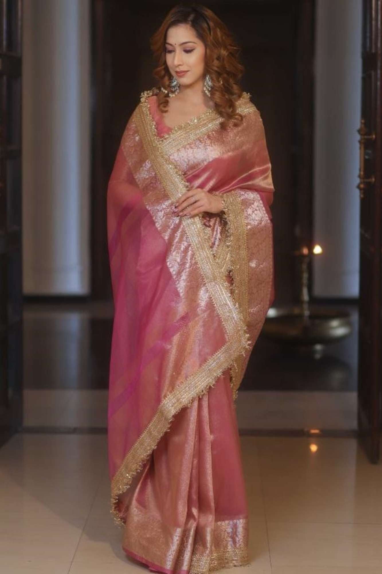 Soft Tissue Silk Ready to wear Saree with Golden Zari and Shimmering Embellishments