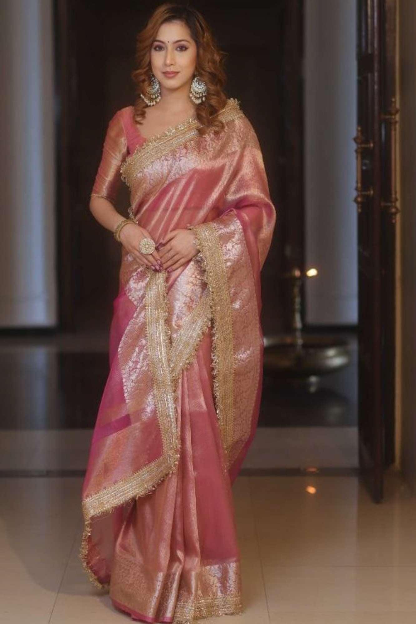 Soft Tissue Silk Ready to wear Saree with Golden Zari and Shimmering Embellishments