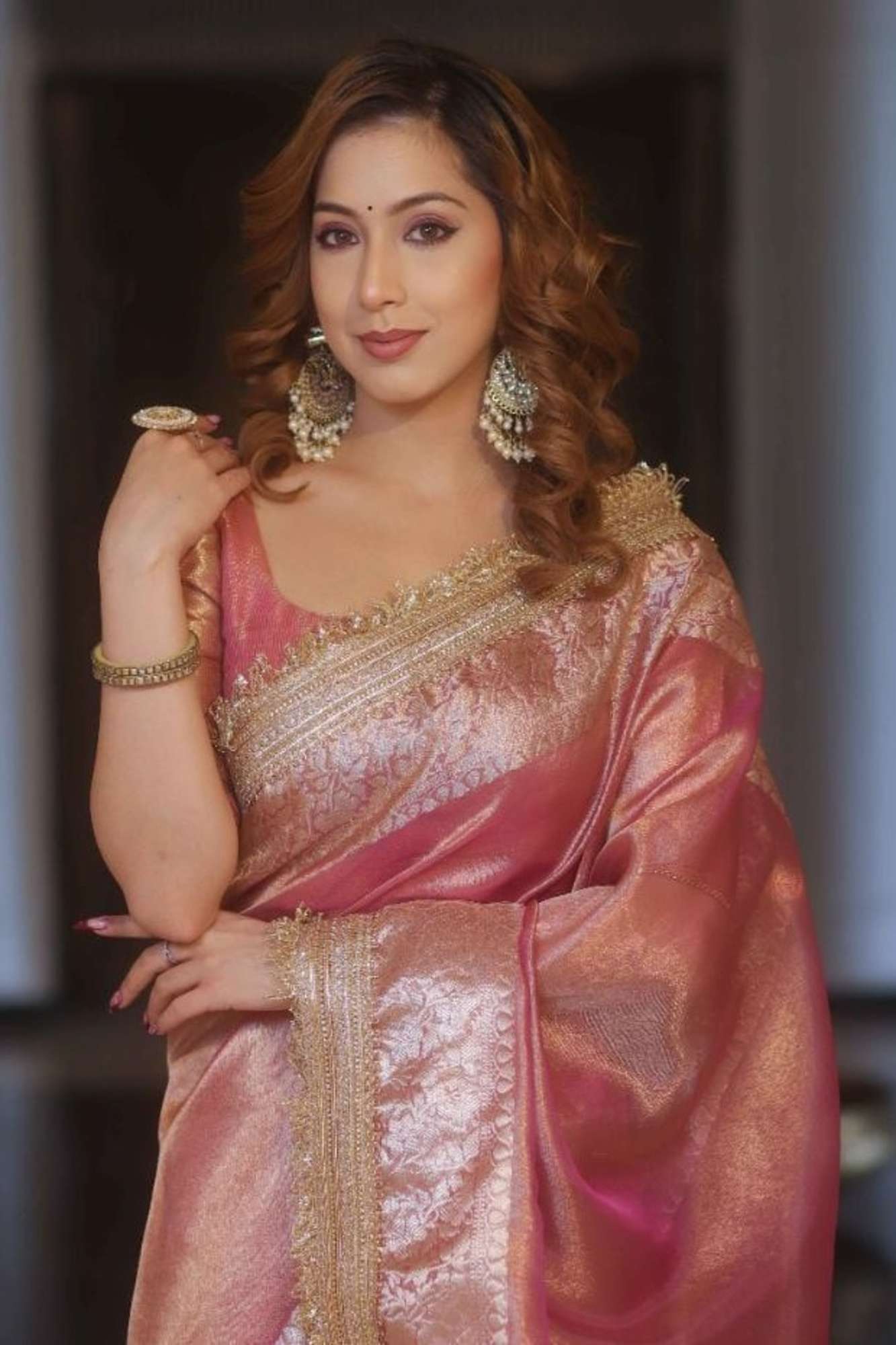 Soft Tissue Silk Ready to wear Saree with Golden Zari and Shimmering Embellishments