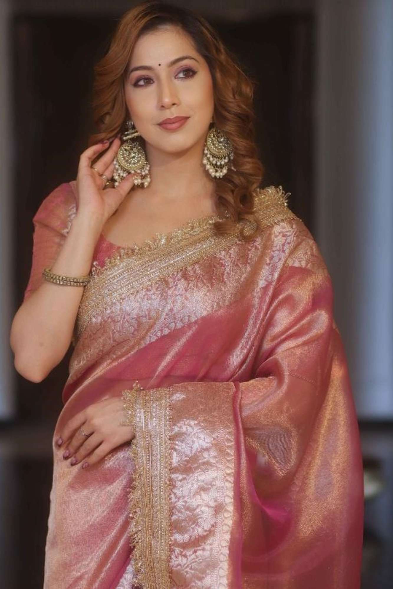 Soft Tissue Silk Ready to wear Saree with Golden Zari and Shimmering Embellishments