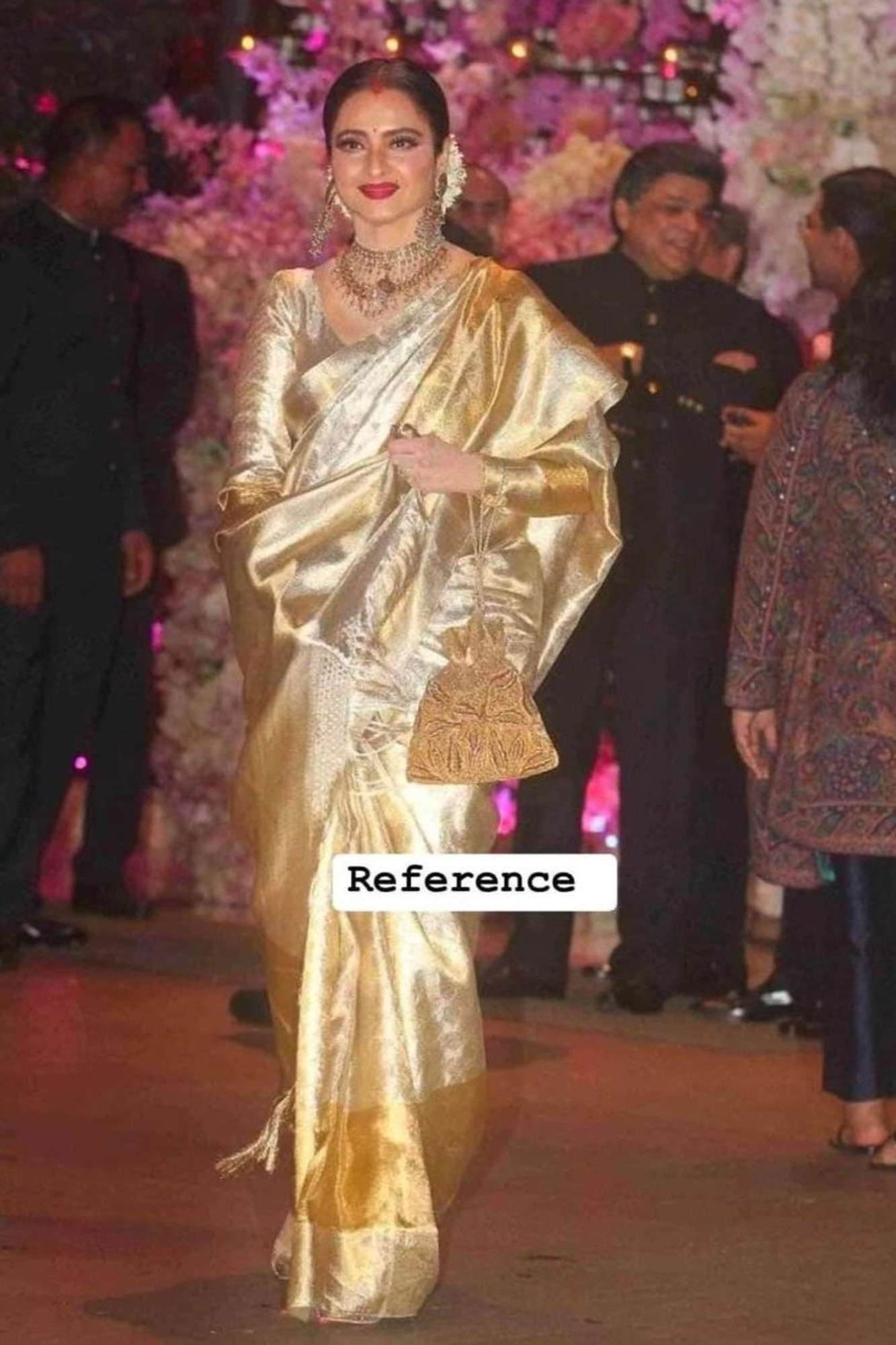 Rekha Inspired Golden Banarasi Tissue Silk Ready To Wear Sareesi