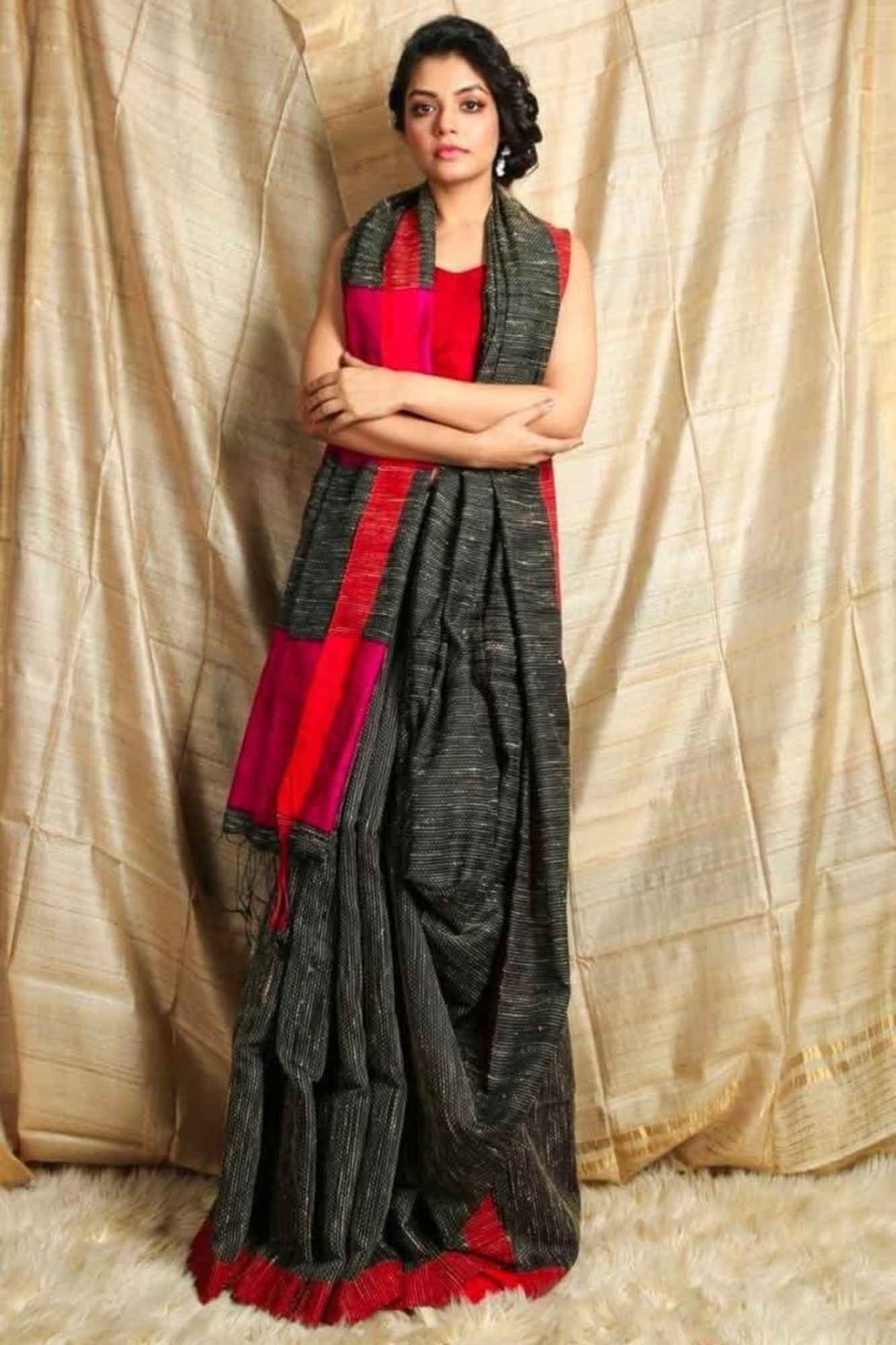 Black Reshom Khetia with Bold Red & Pink Accents Ready To Wear Saree