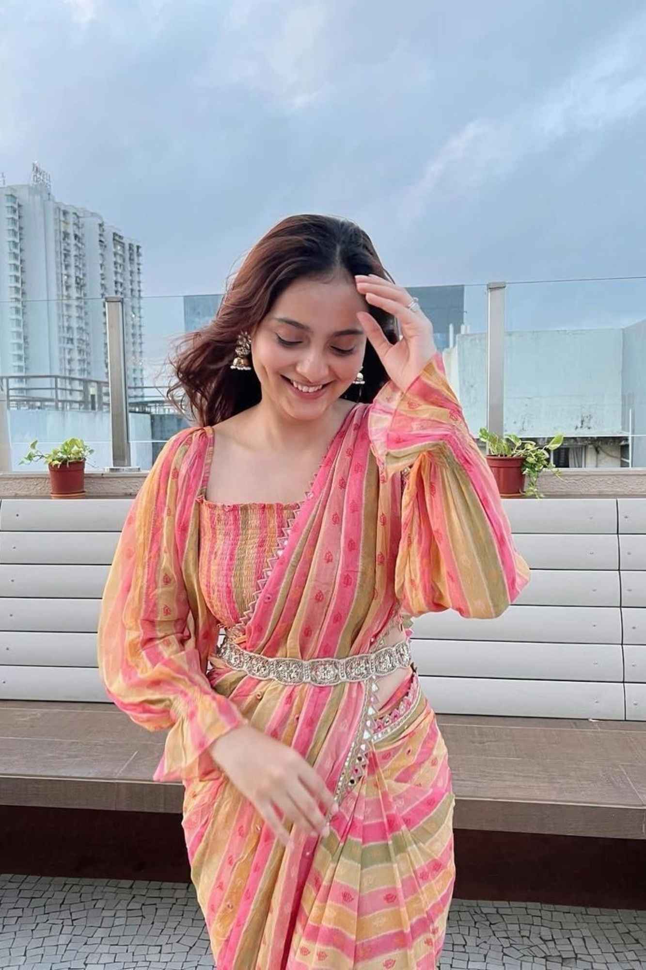 Multicolor Georgette Striped with Gota Patti Work & Tassel Ready To Wear Saree