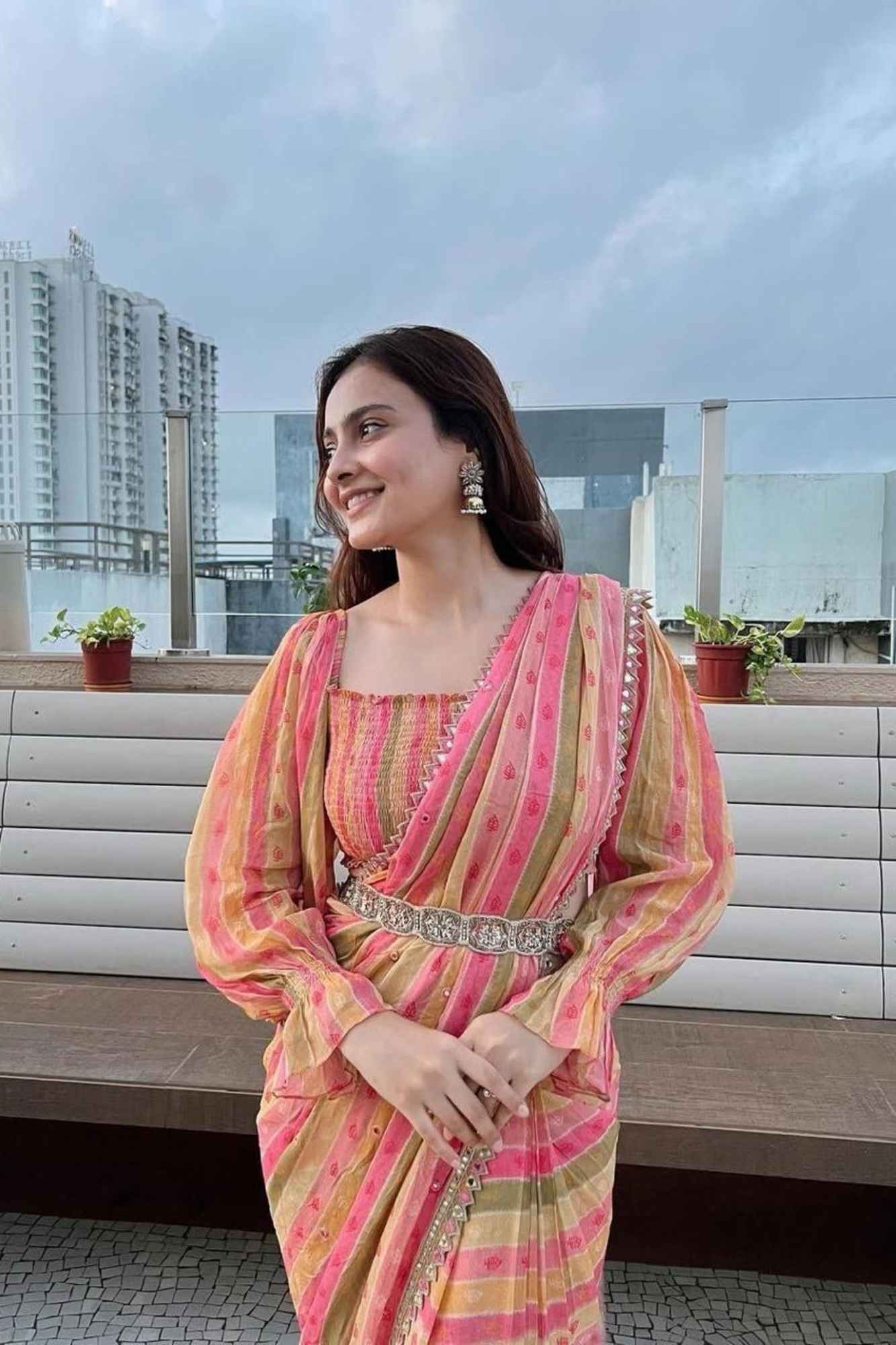 Multicolor Georgette Striped with Gota Patti Work & Tassel Ready To Wear Saree