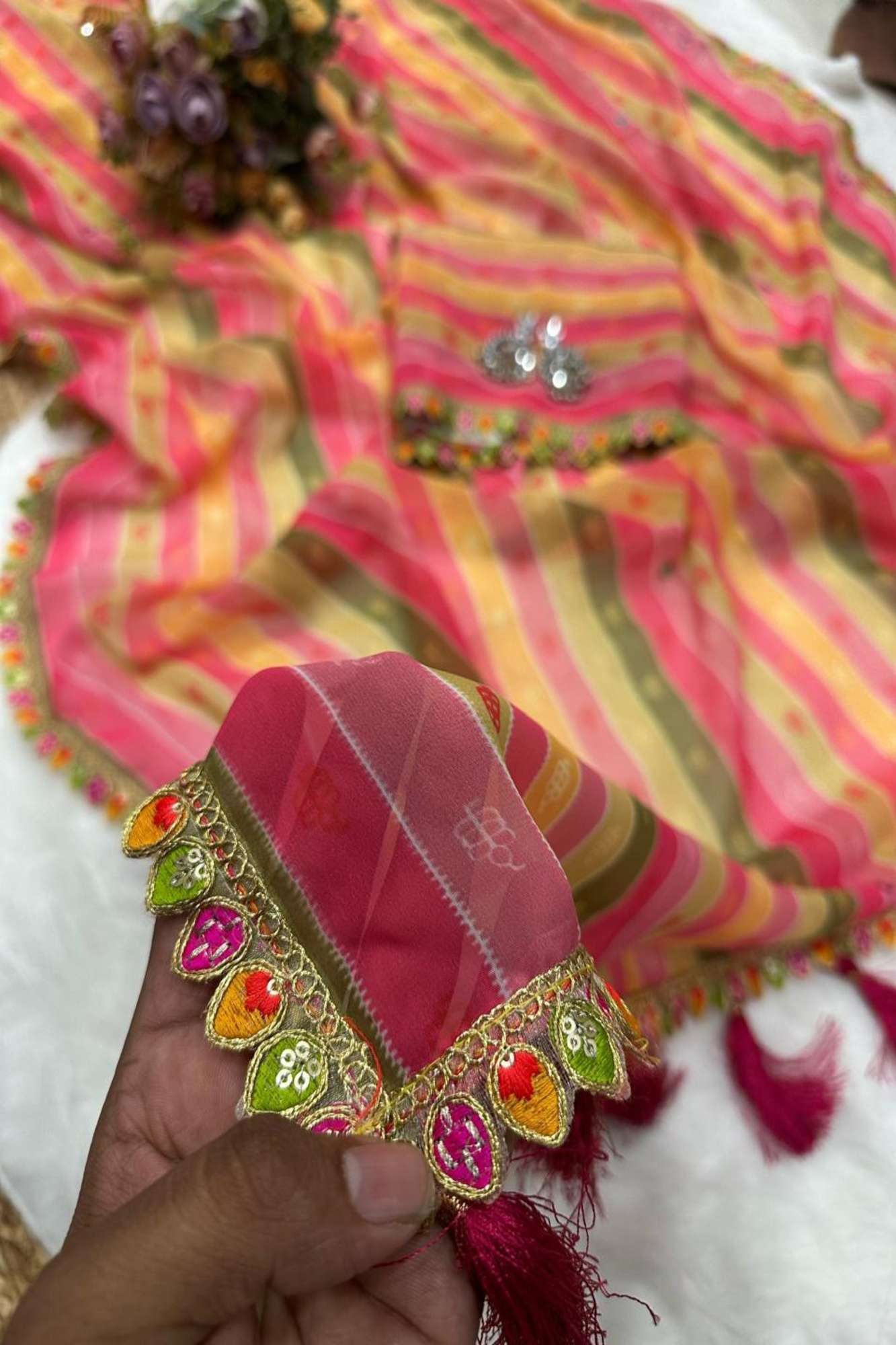 Multicolor Georgette Striped with Gota Patti Work & Tassel Ready To Wear Saree