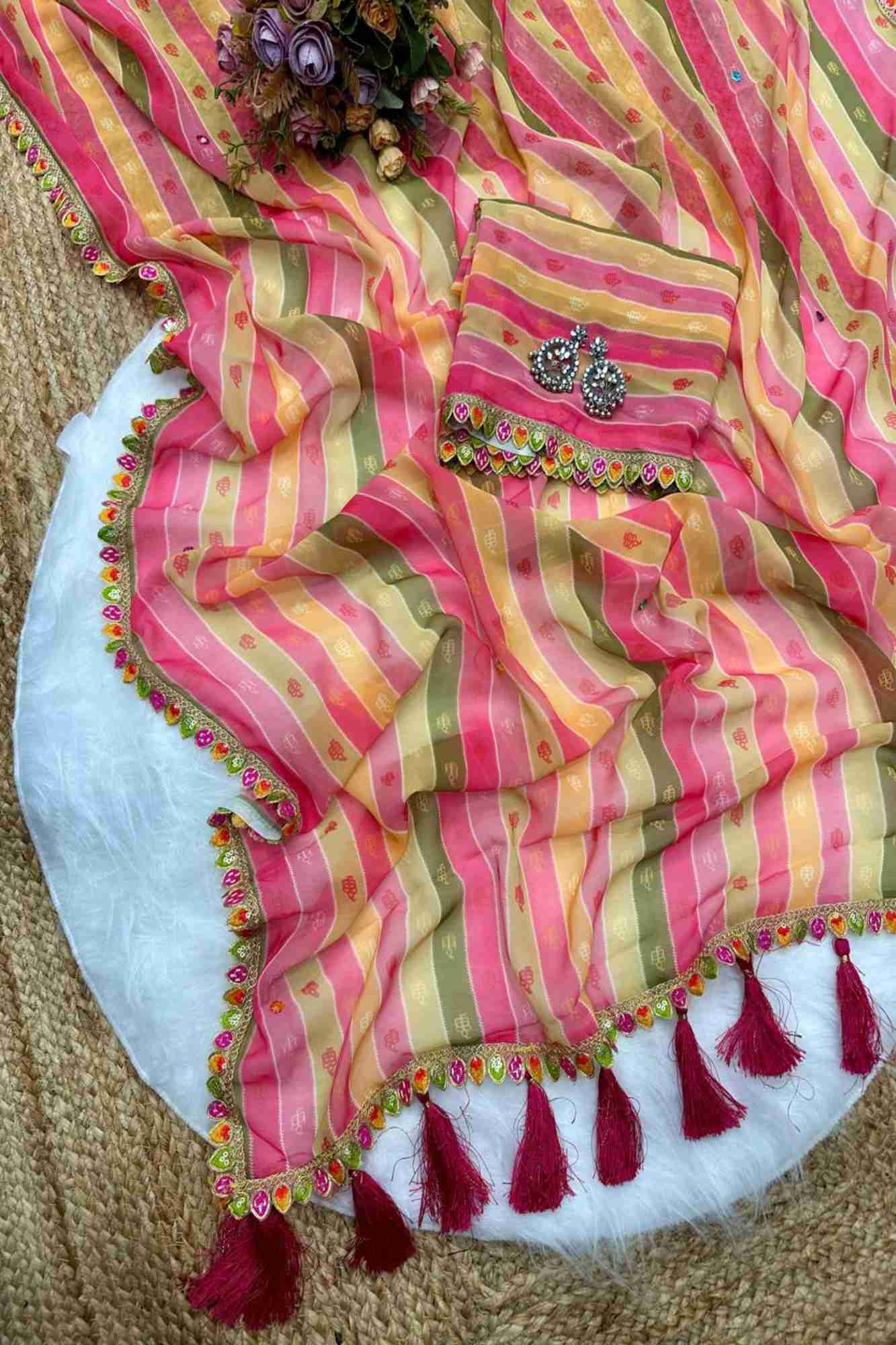 Multicolor Georgette Striped with Gota Patti Work & Tassel Ready To Wear Saree