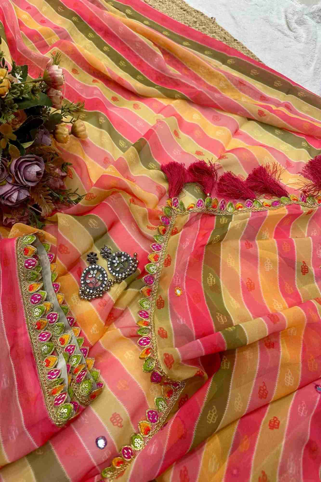 Multicolor Georgette Striped with Gota Patti Work & Tassel Ready To Wear Saree