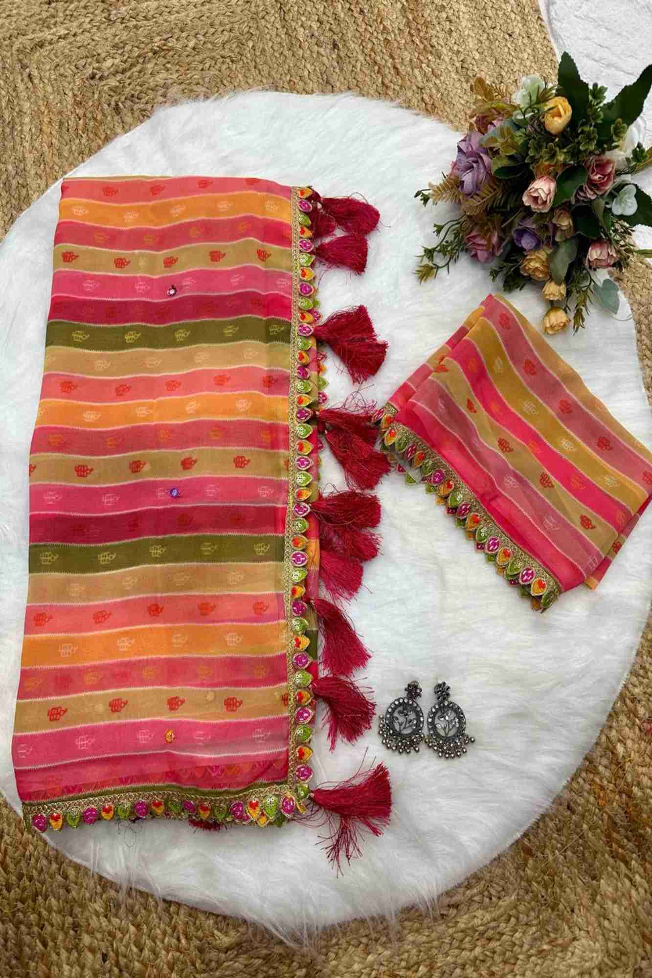 Multicolor Georgette Striped with Gota Patti Work & Tassel Ready To Wear Saree