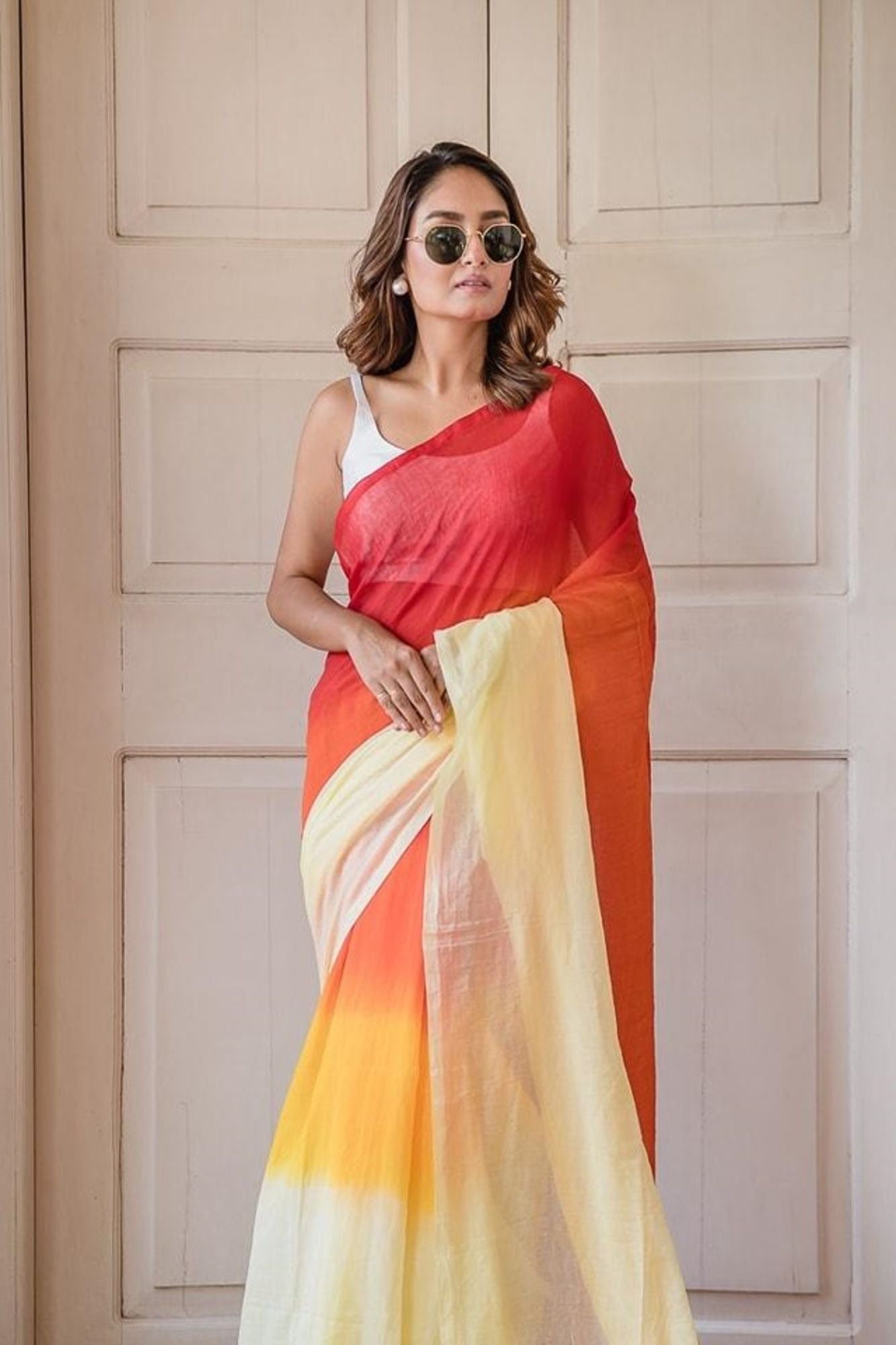 Linen in Fiery Red, Sunset Orange & Soft Yellow Ready To Wear Saree