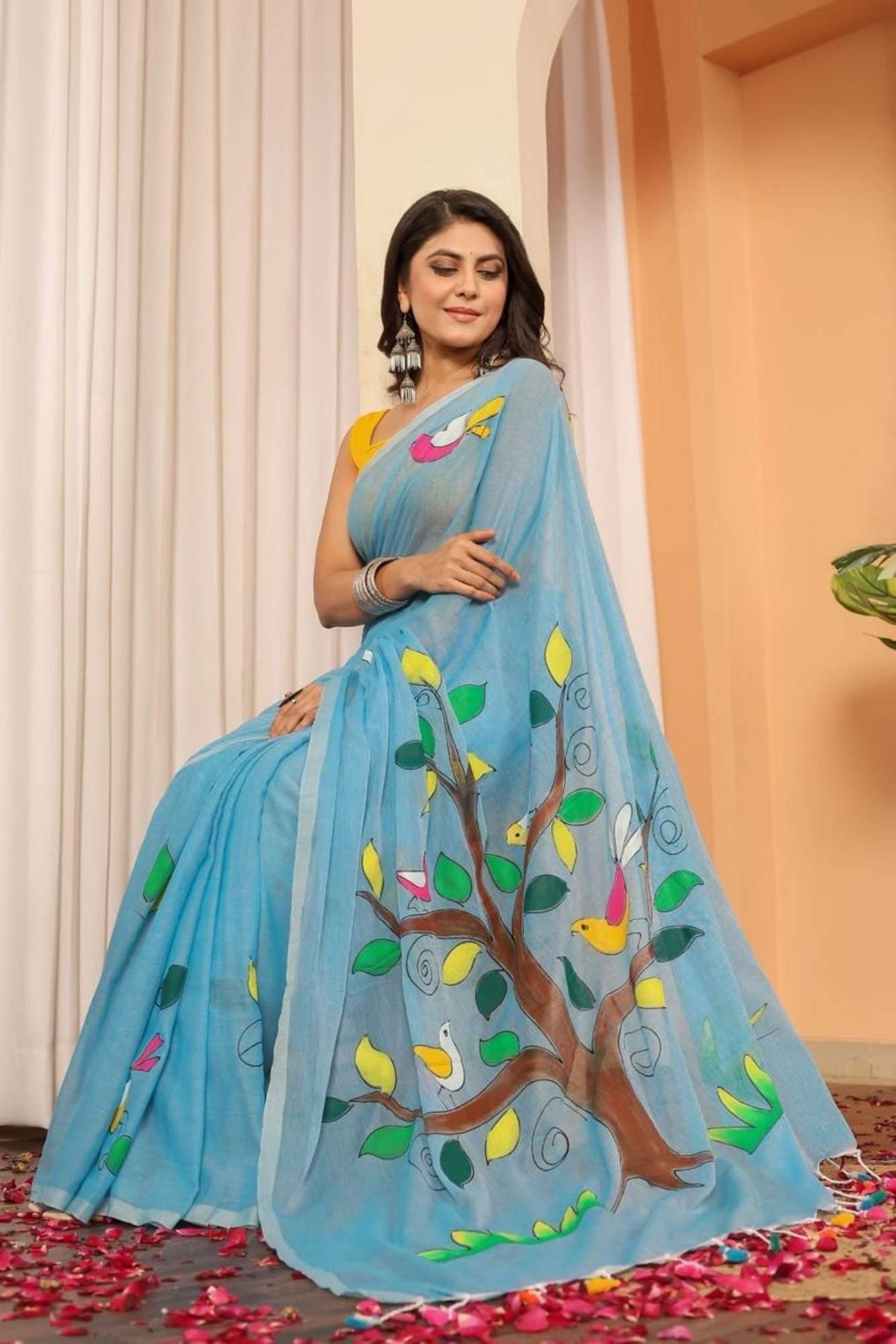 Light Blue Mulmul Cotton with Hand-Painted Tree & Birds Motif Ready To Wear Saree
