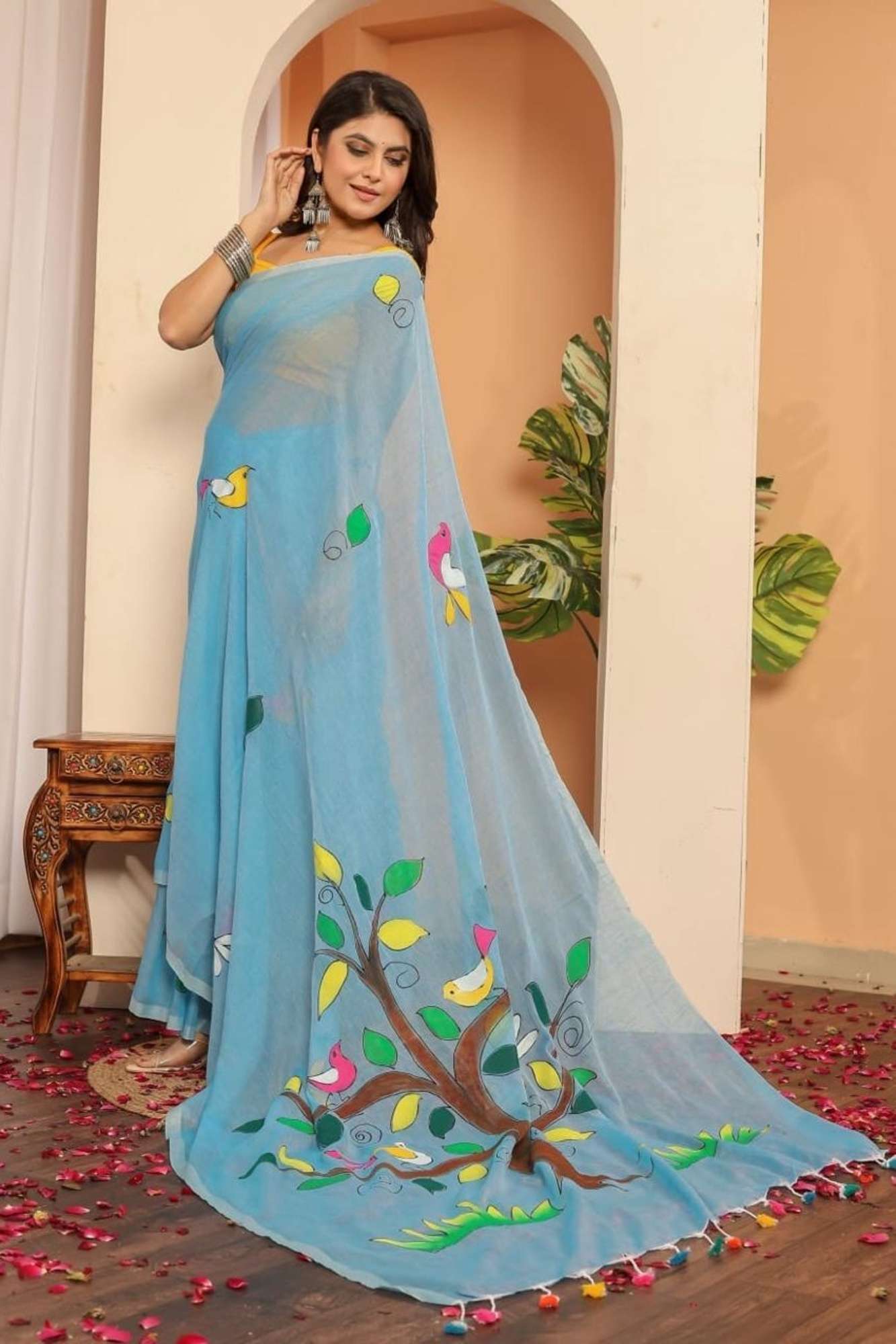 Light Blue Mulmul Cotton with Hand-Painted Tree & Birds Motif Ready To Wear Saree